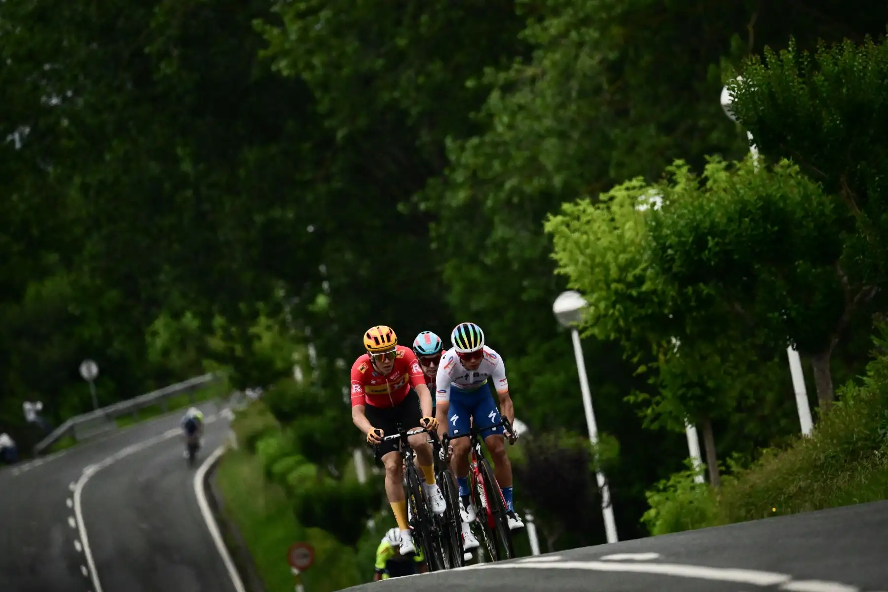 El ciclista danés de Uno-X Pro Cycling Team, Gregaard Jonas Wilsly (izq.), y el ciclista francés de TotalEnergies, Valentin Ferron, se escapan durante la primera etapa de la 110.ª edición del Tour de Francia, 182 km con salida y llegada en Bilbao, en el norte de España.
Foto: AFP