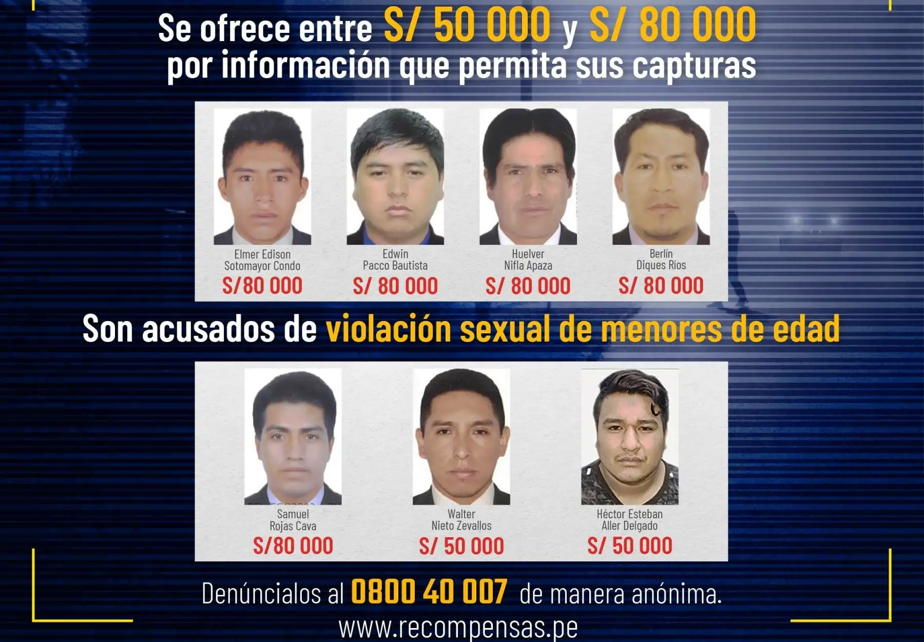 Incluyen a 7 presuntos violadores de menores de edad en Programa de Recompensas. Foto: ANDINA/Difusión.