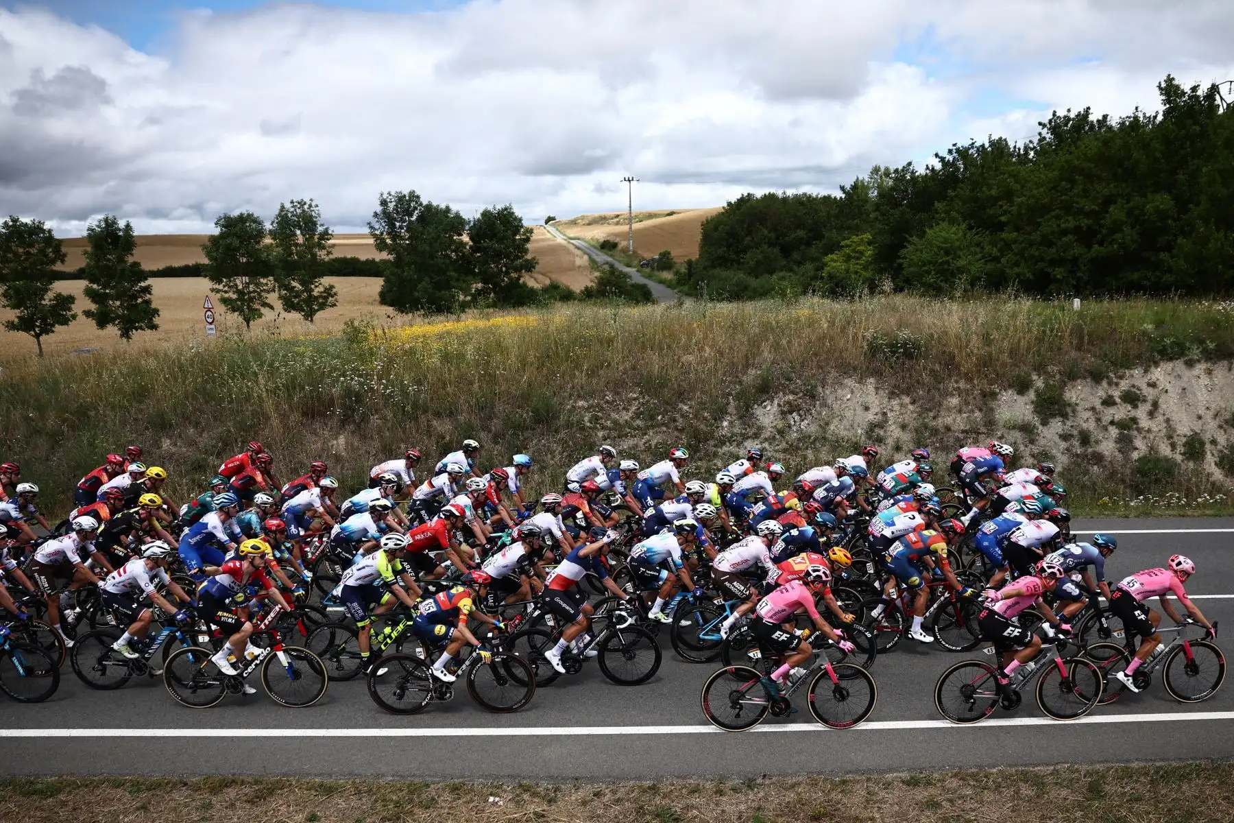 El grupo de ciclistas pedalea durante la segunda etapa de la 110ª edición de la carrera ciclista del Tour de Francia de 208,9 km entre Vitoria-Gasteiz y San Sebastián, en el norte de España, el 2 de julio de 2023.
Foto: AFP