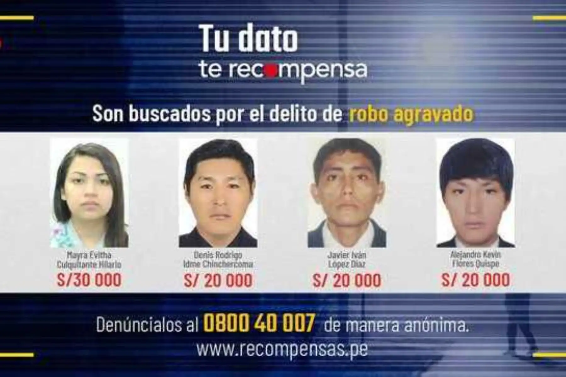 Mininter incluye a 4 prófugos por robo agravado en el Programa de Recompensas. Foto: ANDINA/Difusión.