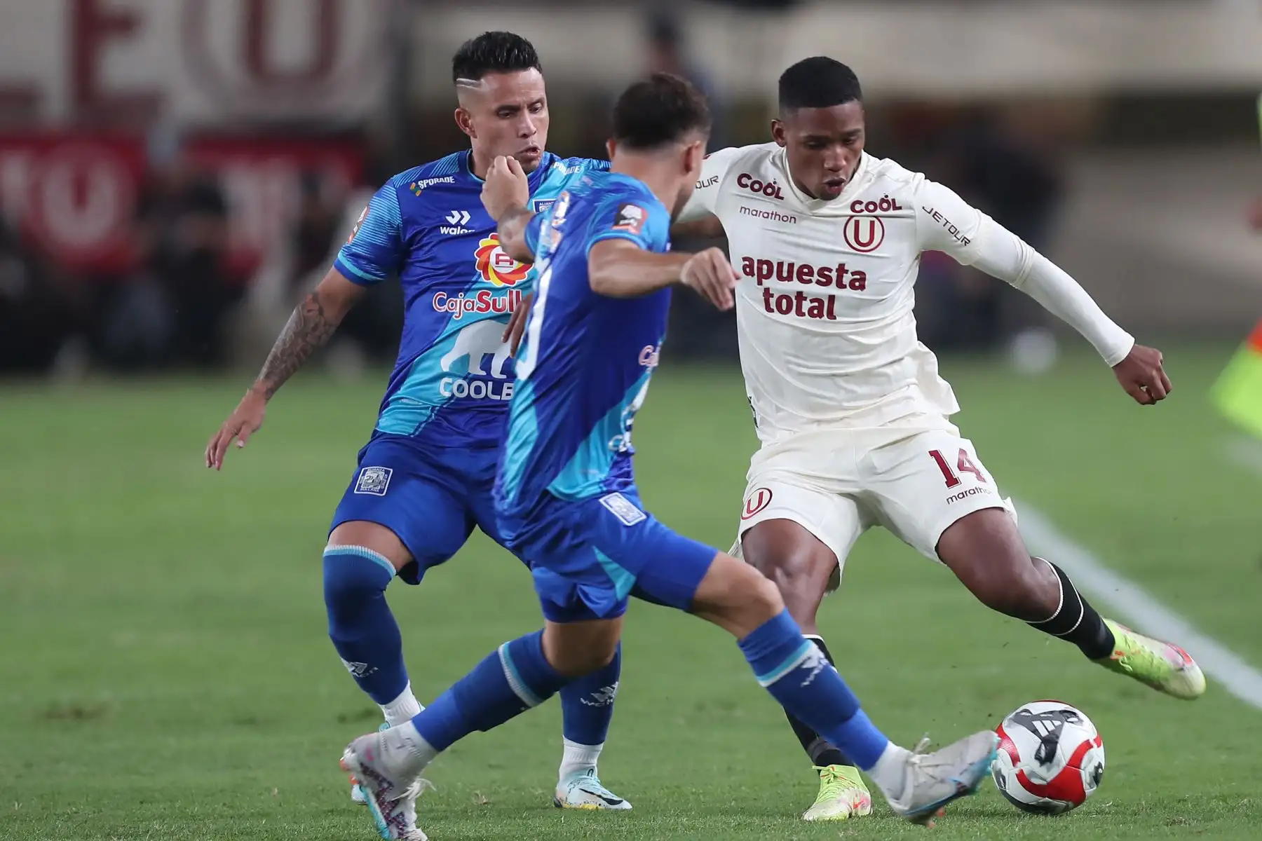 El jugador de Universitario de Deportes, José Bolivar disputa el balón ante jugador del Alianza Atlético  en el estadio Monumental de Ate  por la segunda fecha del torneo clausura de la Liga 1.
Foto: ANDINA/Ricardo Cuba