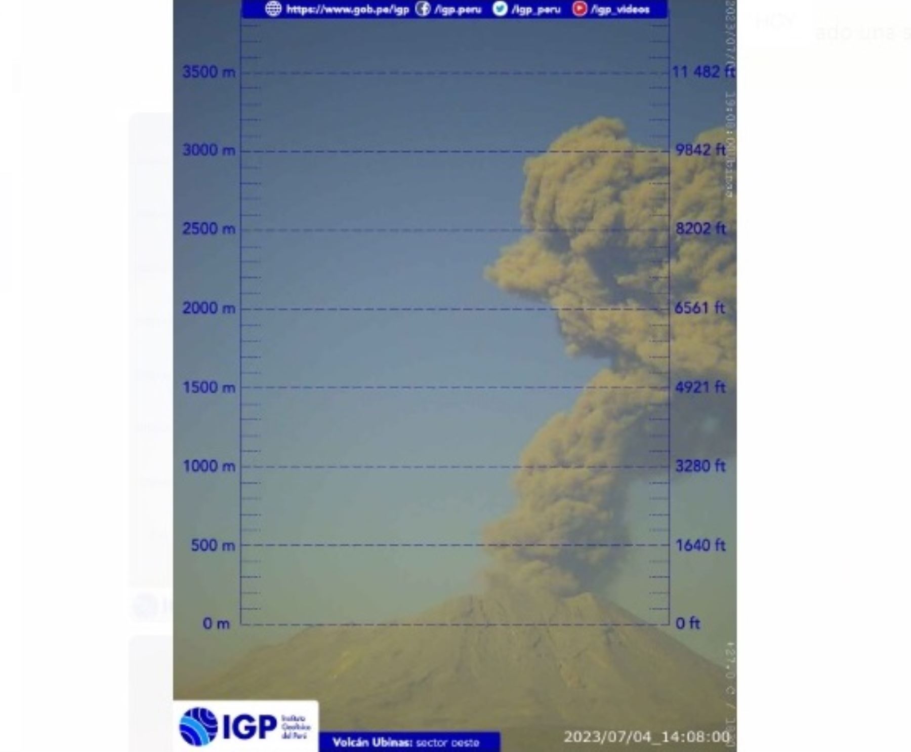 Volcán Ubinas registra nueva explosión y lanza columna erupvia que supera los 3,000 metros