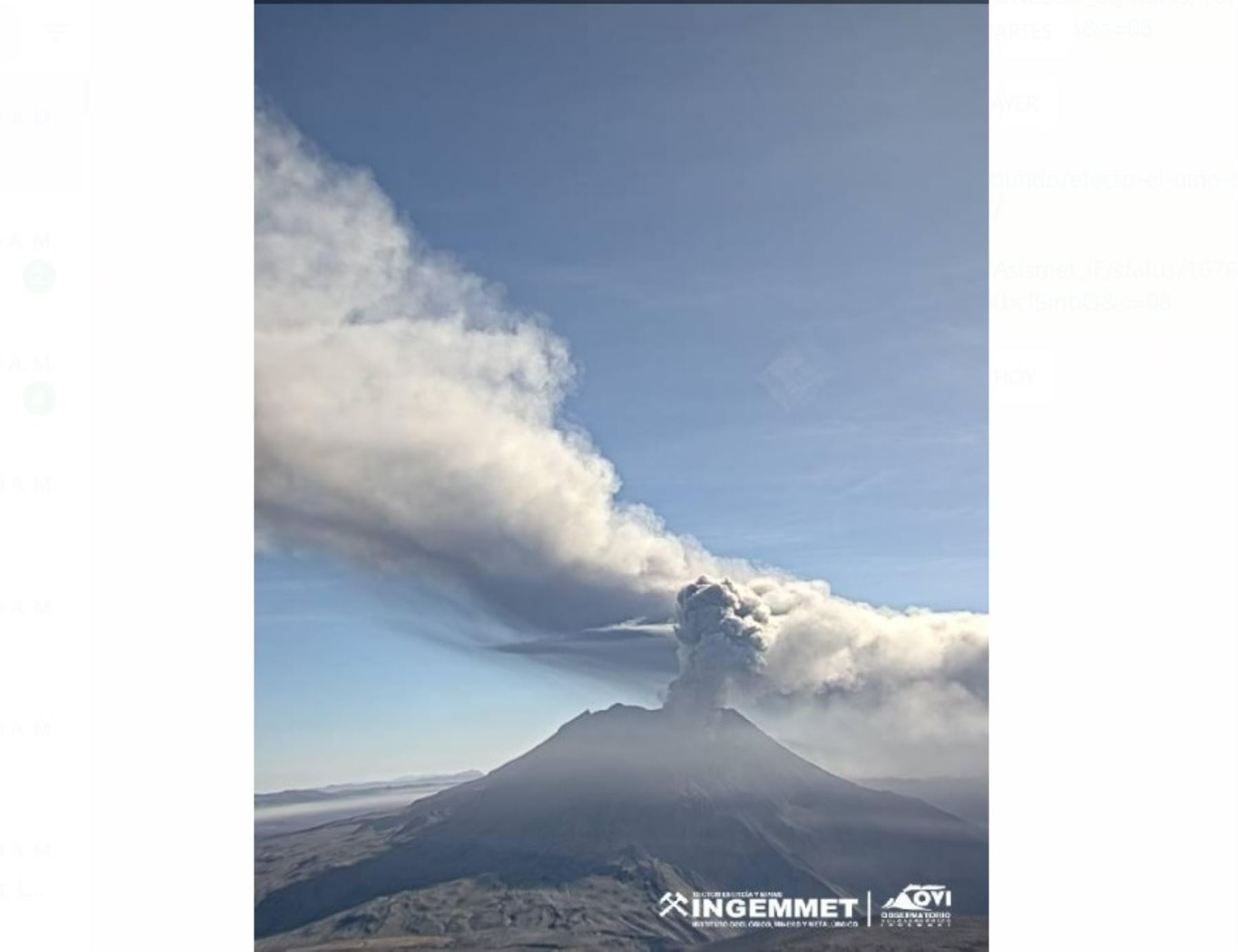 Volcán Ubinas registra una fuerte explosión esta mañana acompañada de emisión de cenizas. Foto: Ingemmet