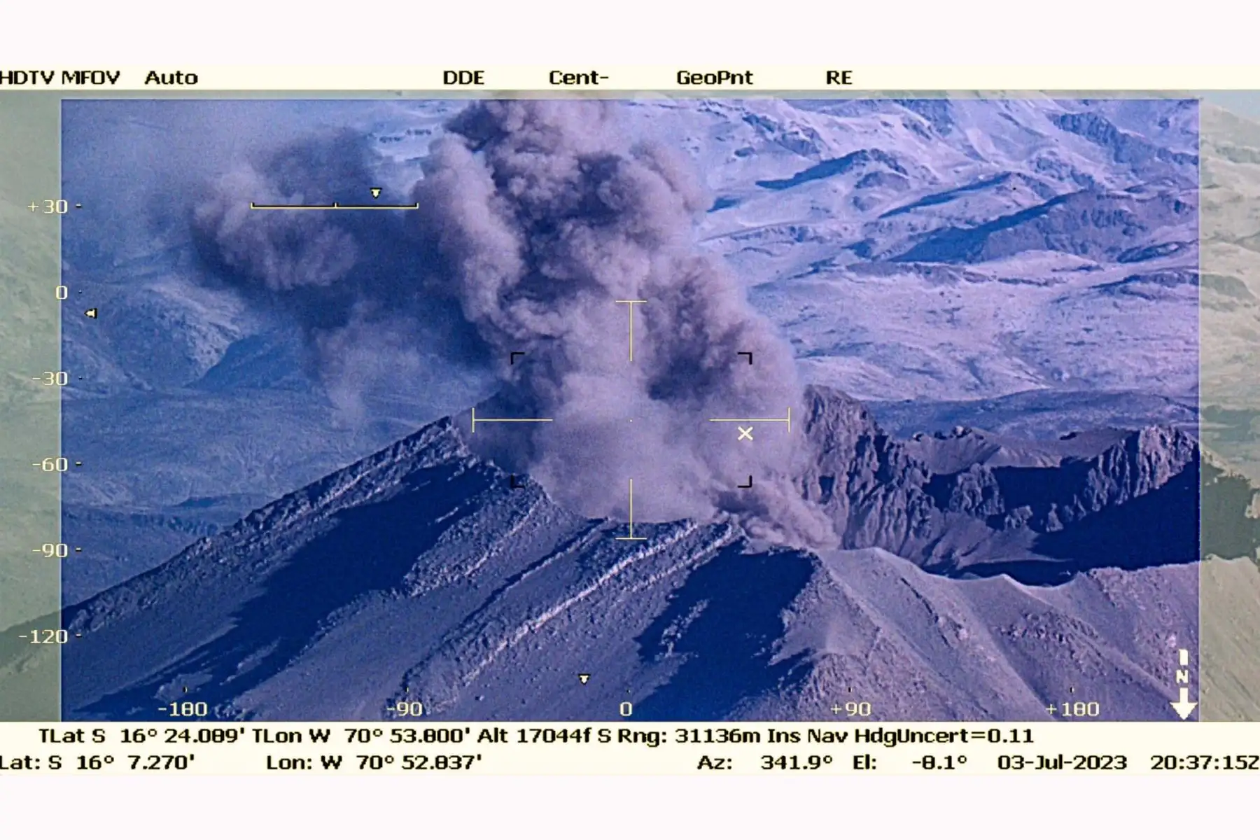 Un volcán es una estructura geológica por la que emerge el magma, que se divide en lava y gases provenientes del interior de la Tierra. Felizmente, en el caso de la montaña de Moquegua, no ha emergido lava.  Foto: FAP