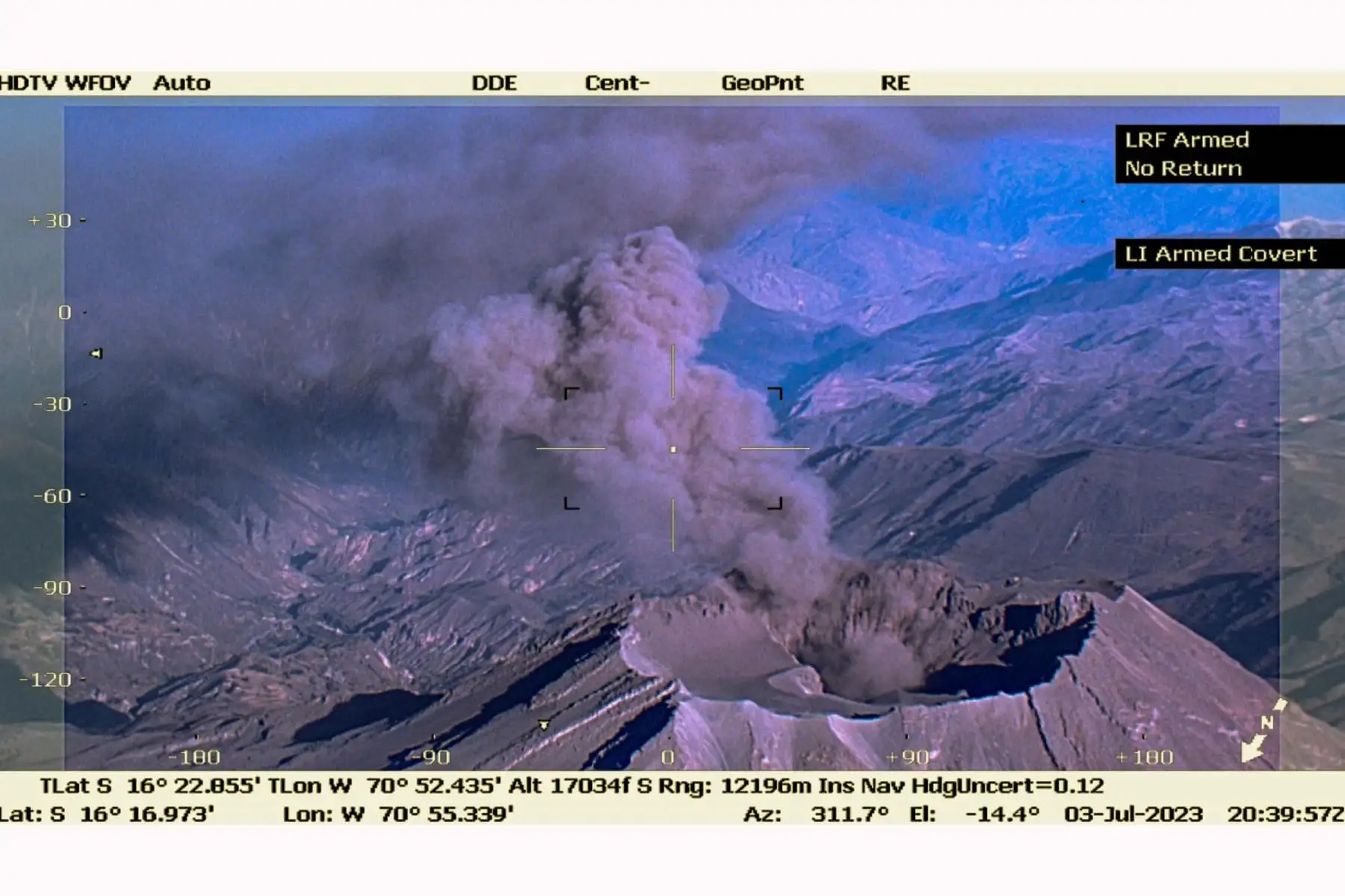 Un volcán es una estructura geológica por la que emerge el magma, que se divide en lava y gases provenientes del interior de la Tierra. Felizmente, en el caso de la montaña de Moquegua, no ha emergido lava.  Foto: FAP