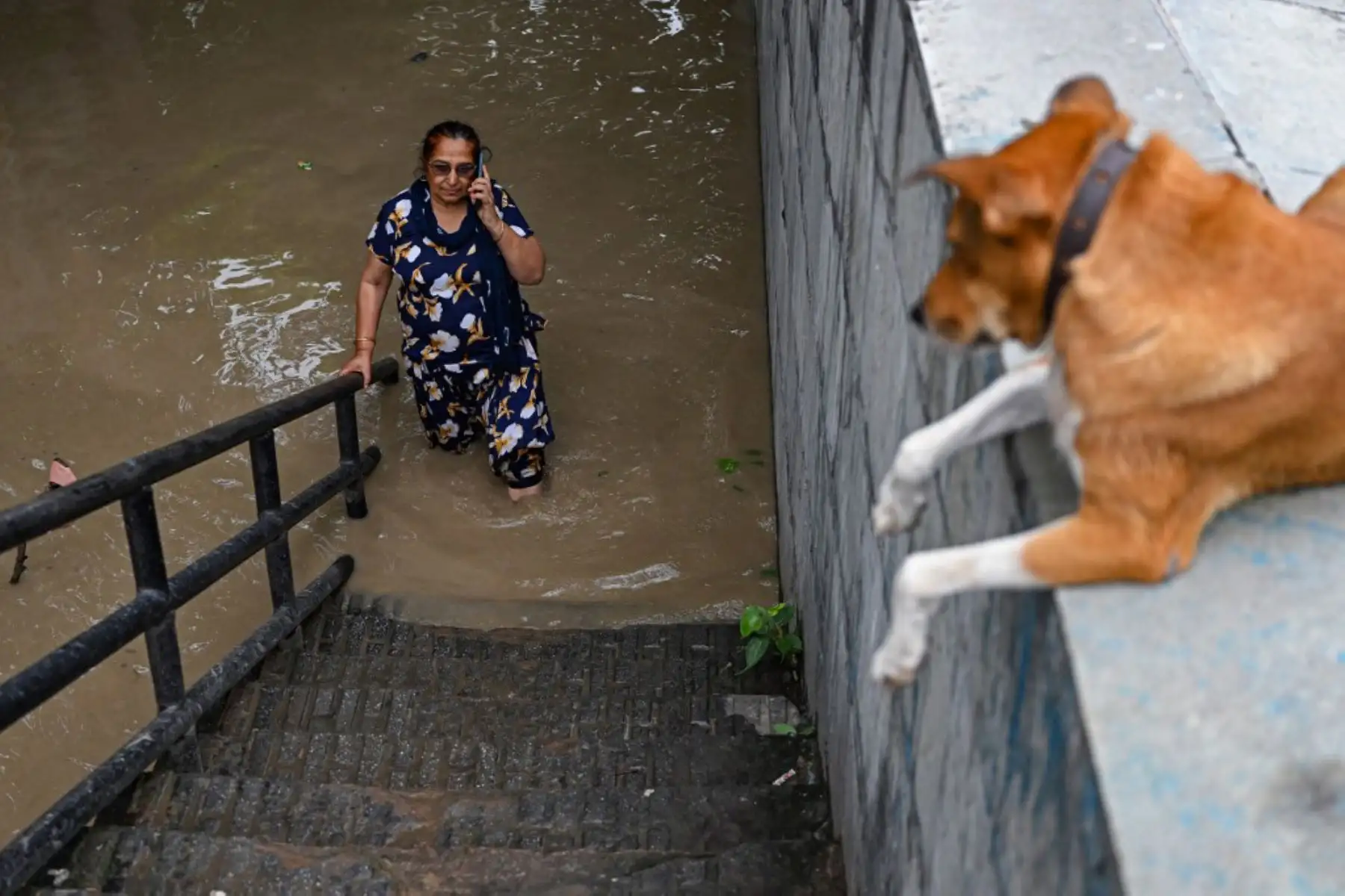 Una mujer habla por teléfono en una zona residencial inundada cerca de las orillas del río Yamuna después de que se desbordara debido a las lluvias monzónicas, en Nueva Delhi. Foto: AFP