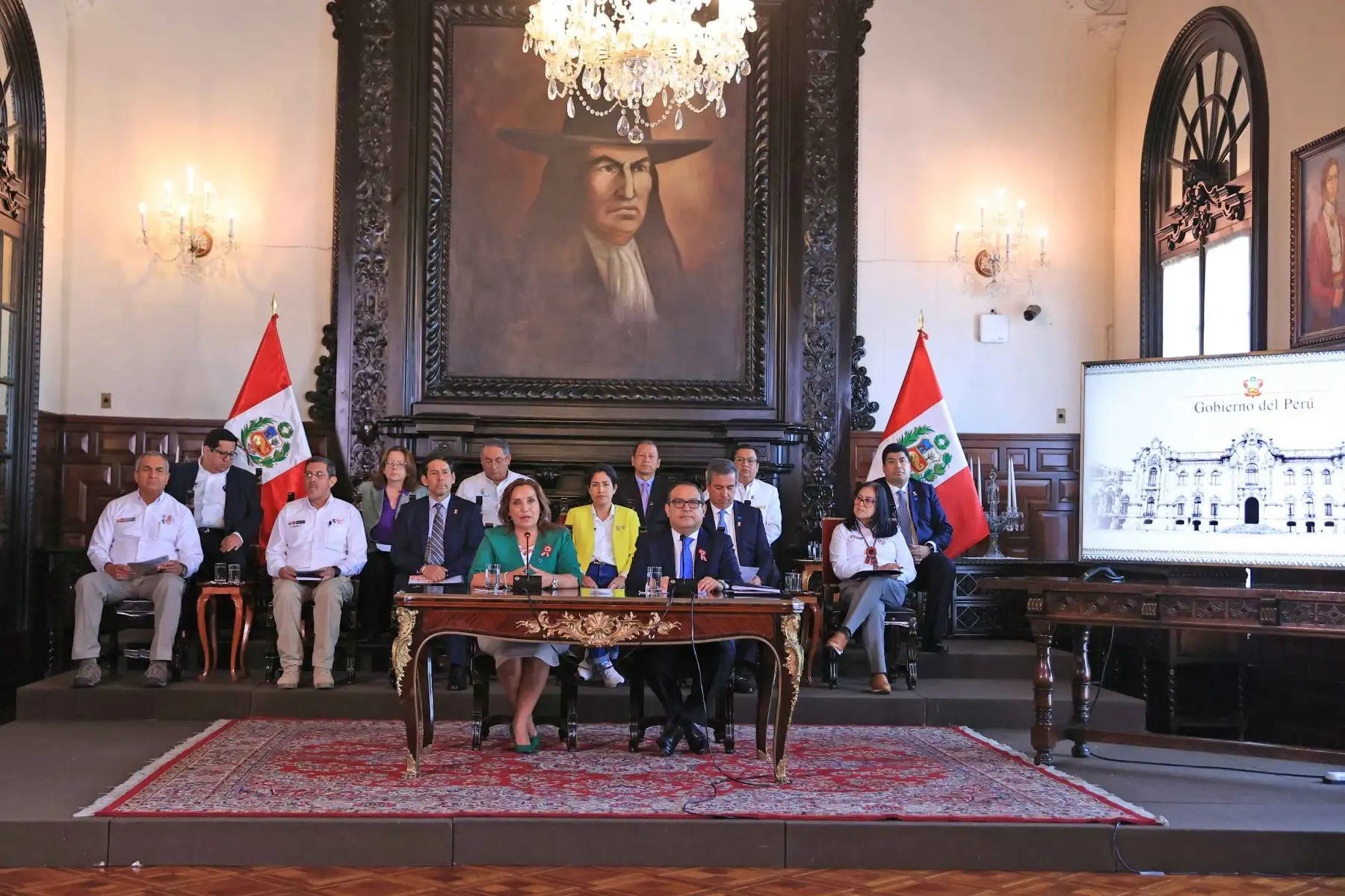 Presidenta de la república, Dina Boluarte, junto a ministros de Estado, se pronuncia sobre la movilización convocada para el 19 de julio. Foto: ANDINA/ Prensa Presidencia