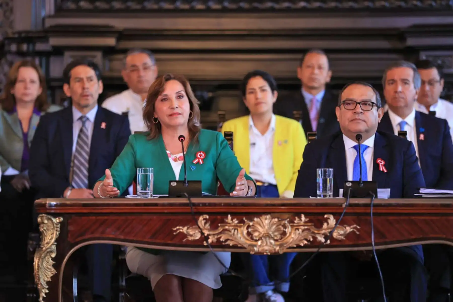 Presidenta de la república, Dina Boluarte, junto a ministros de Estado, se pronuncia sobre la movilización convocada para el 19 de julio. Foto: ANDINA/ Prensa Presidencia
