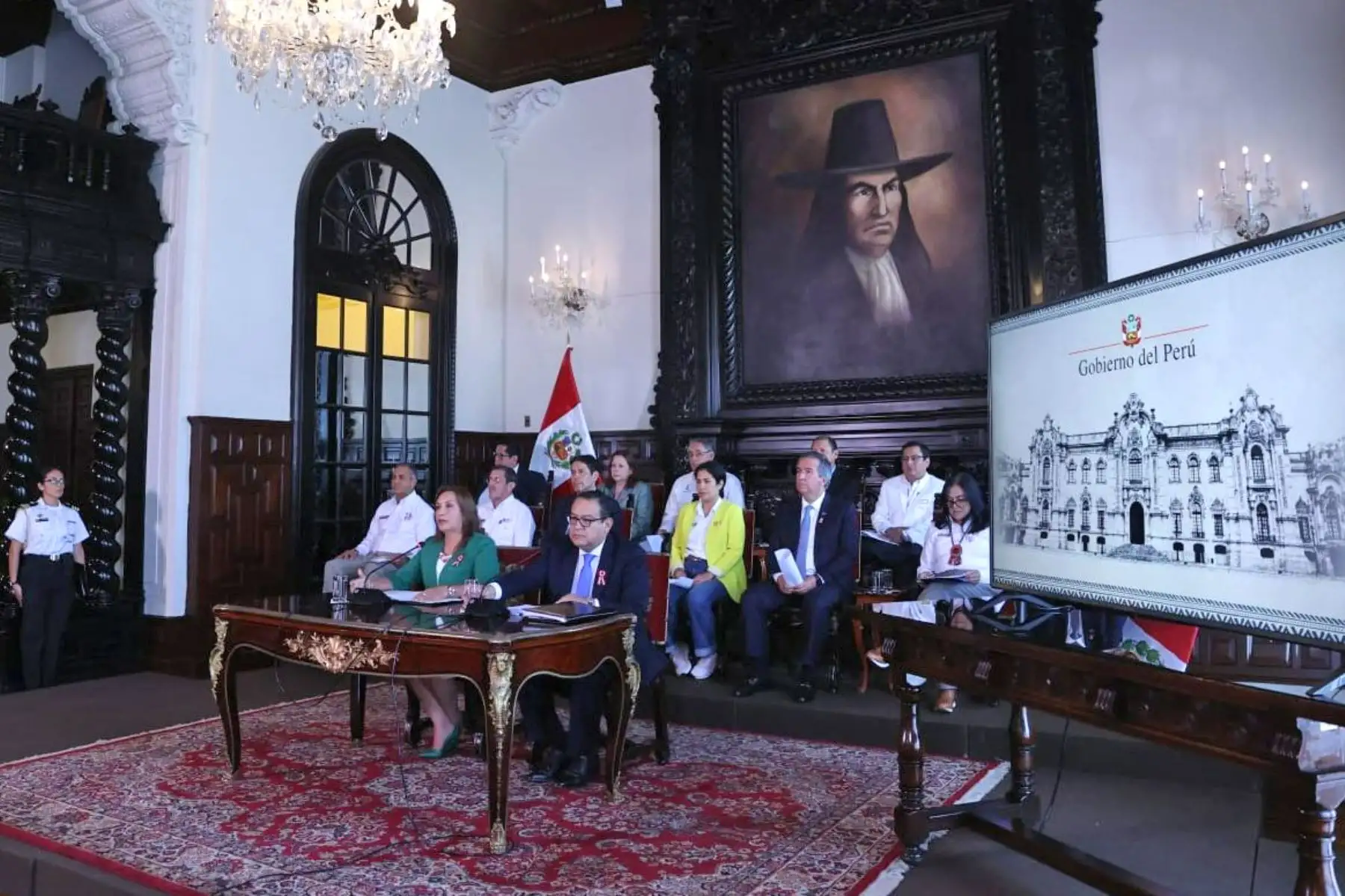 Presidenta de la república, Dina Boluarte, junto a ministros de Estado, se pronuncia sobre la movilización convocada para el 19 de julio. Foto: ANDINA/ Prensa Presidencia
