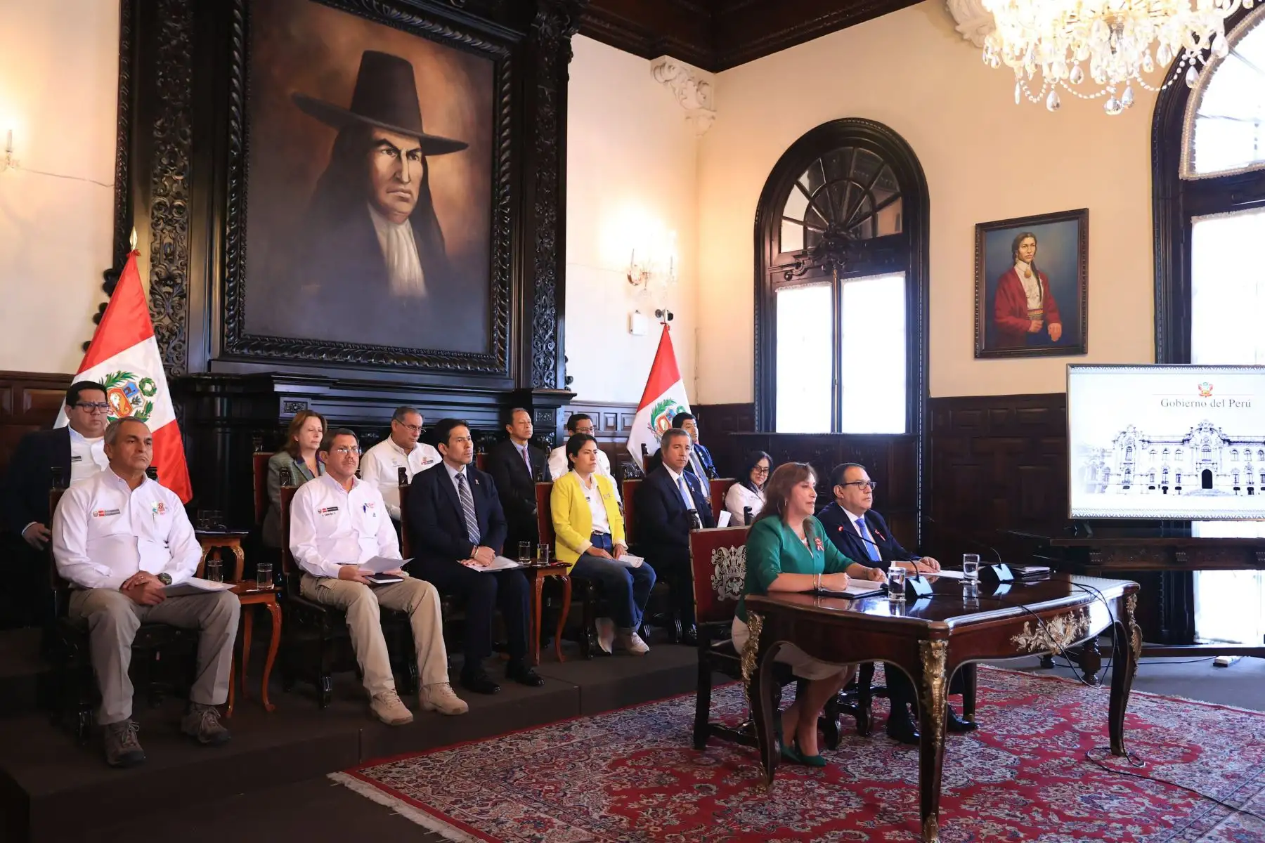 Presidenta de la república, Dina Boluarte, junto a ministros de Estado, se pronuncia sobre la movilización convocada para el 19 de julio. Foto: ANDINA/ Prensa Presidencia