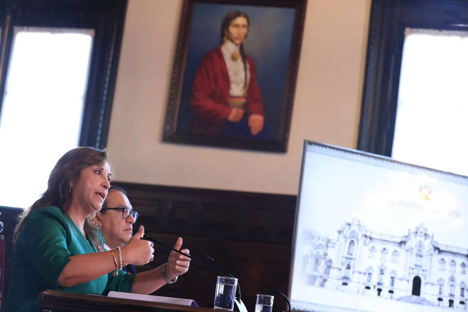 Presidenta de la república, Dina Boluarte, junto a ministros de Estado, se pronuncia sobre la movilización convocada para el 19 de julio. Foto: ANDINA/ Prensa Presidencia
