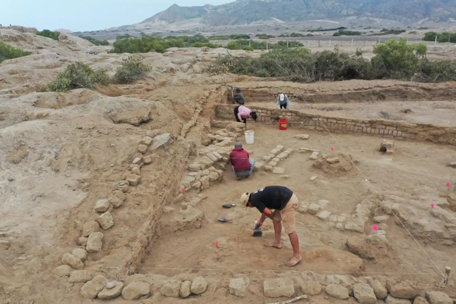 En la zona de excavación, que comprende un área de 512 metros cuadrados aproximadamente, se descubrió ocho espacios que funcionaron como cocinas o centros de preparación de alimentos con 16 vasijas de cerámica completas, así como un centenar de fragmentos de cerámica con iconografía Moche, elementos suntuarios metálicos y textiles que constituyen bienes de producción especializada y que tienen una antigüedad de unos 1,400 años. Foto: Programa Arqueológico Chicama
