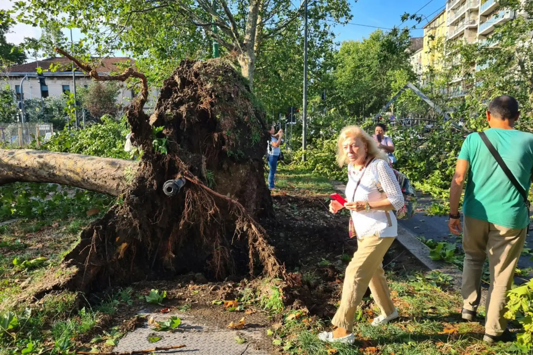 La gente mira los daños después de que una fuerte tormenta derribara árboles y destruyera varios autos estacionados en Viale Molise, en Milán: Foto: EFE