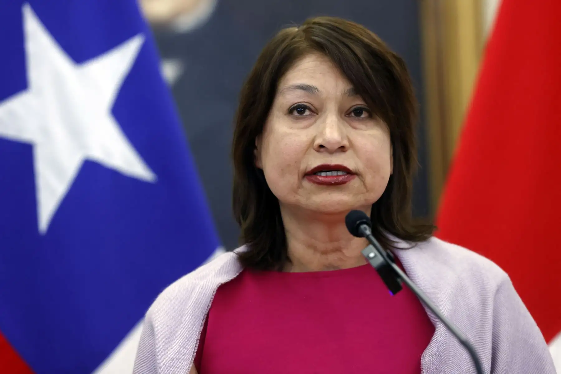 La ministra de Relaciones Exteriores del Perú, Ana Cecilia Gervasi, habla durante rueda de prensa hoy en Santiago, Chile. 
Foto: EFE