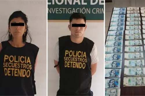 Los detenidos fueron los ciudadanos extranjeros Francisco Neira (21), conocido como Chamo, y Wanda Laguado (26), conocida como Mardita, quienes intentaron darse a la fuga en un mototaxi, tras lograr que su víctima les entregue 5 mil soles. ANDINA/ Mininter.