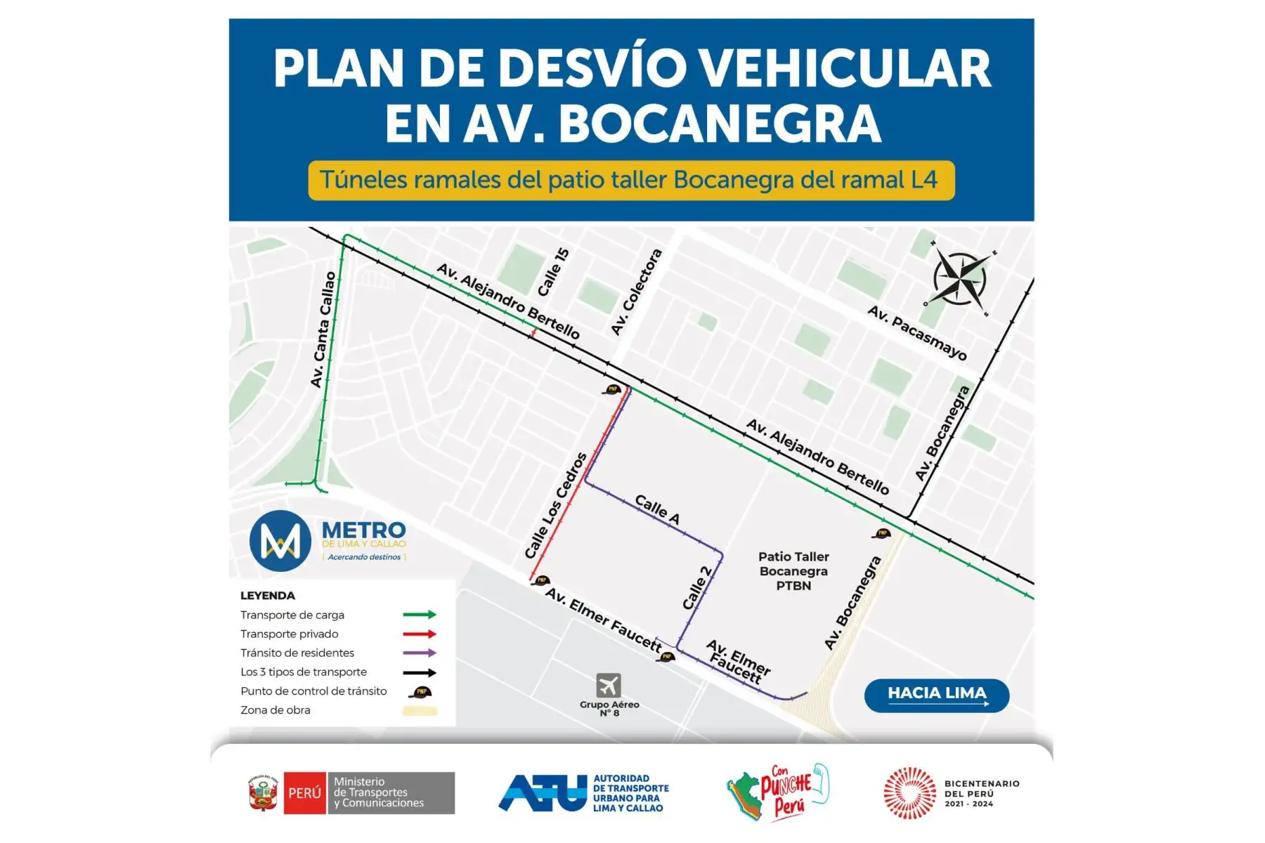 Inició el desvío vehicular en la avenida Bocanegra en el Callao por motivo de las obras de la Línea 2 del Metro de Lima y Callao. Foto: ATU