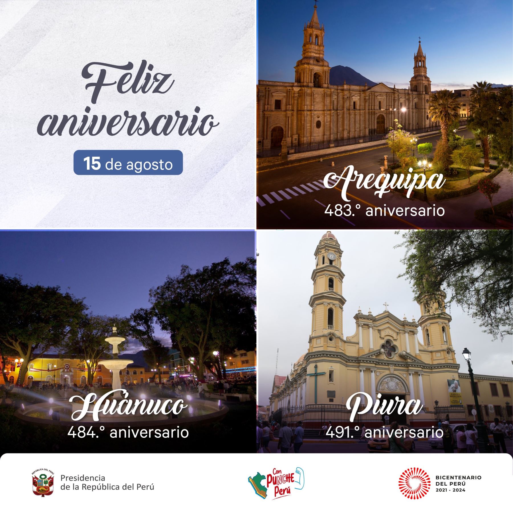 Ejecutivo saluda a Arequipa, Huánuco y Piura por su aniversario
