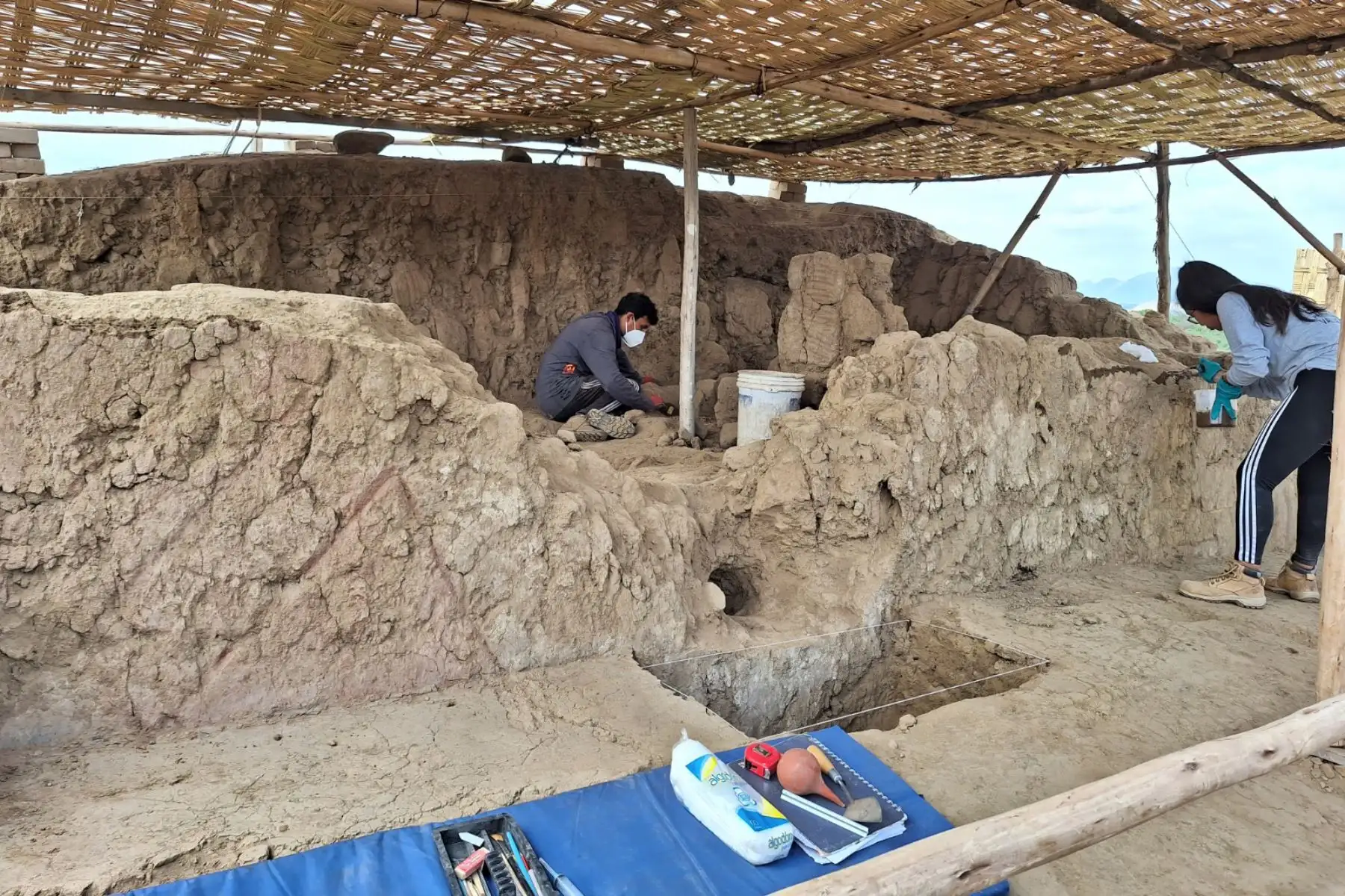 Un equipo de arqueólogos peruanos descubrió un segundo muro policromado de alrededor de 4,500 años de antigüedad que pertenecería a un personaje aún no definido en el lado norte de la huaca Tomabal, ubicada en el corazón del valle de Virú, en el distrito y provincia del mismo nombre, en la región La Libertad. Foto:ANDINA/ Luis Puell