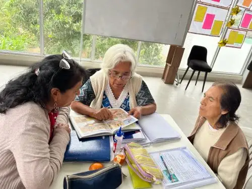 Las señoras Lourdes Alfaro (79) y Julia Huapaya (77) ejercen plenamente su derecho a la educación. Foto: Minedu