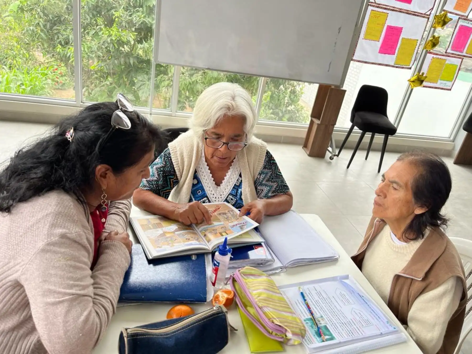 Las señoras Lourdes Alfaro (79) y Julia Huapaya (77) ejercen plenamente su derecho a la educación. Foto: Minedu