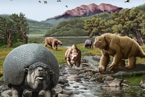 Reconstrucción de la vida de la fauna de mamíferos en el Plioceno de la meseta andina de Espinar. De izquierda a derecha: "Andinoglyptodon mollohuancai", "Posnanskytherium viscachanense", "Proscelidodon sp." y "Megatheriops rectidens". Arte: Jorge A. González