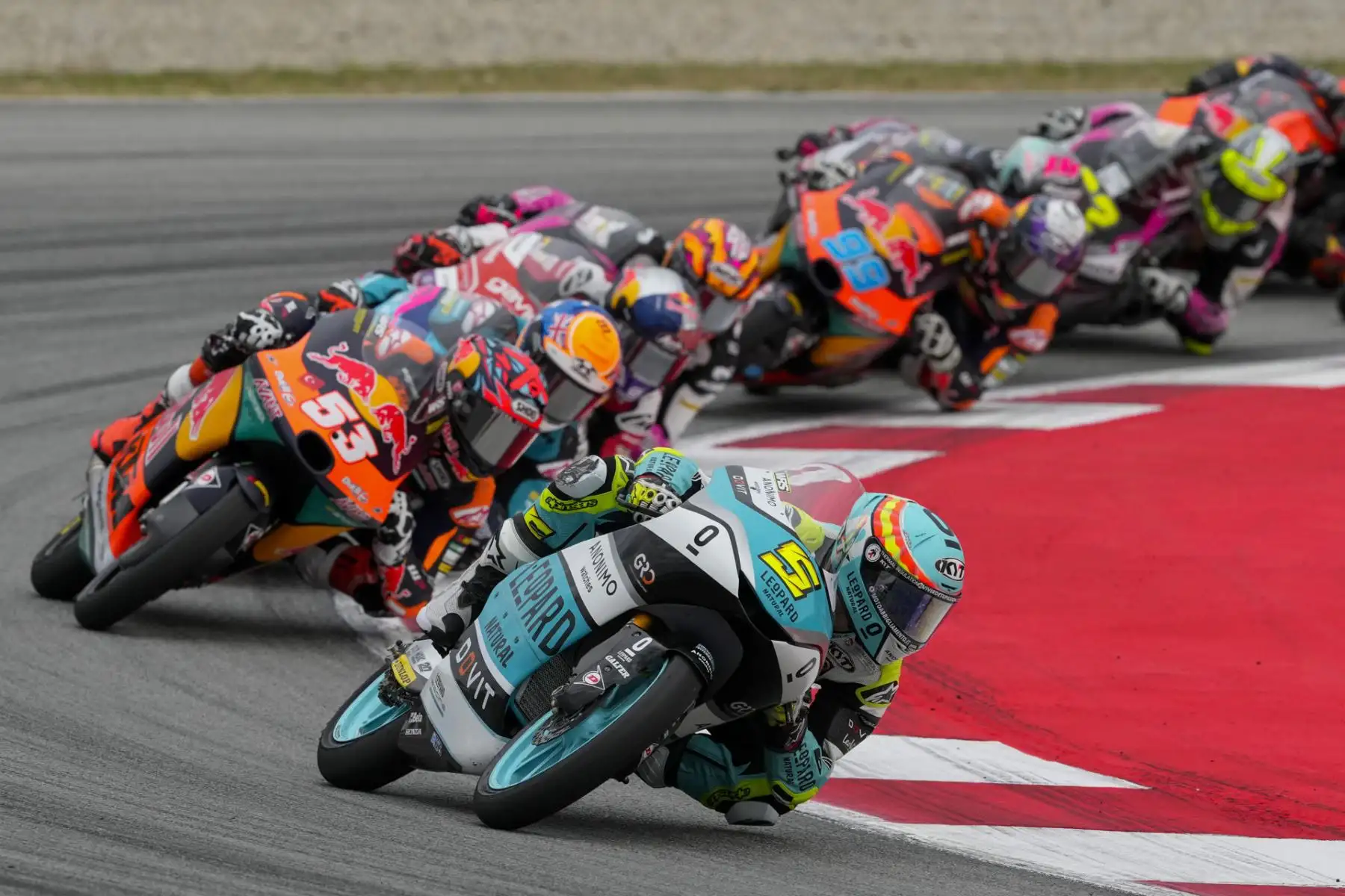 El piloto español Jaume Masía del equipo Leopard Racing, durante las primeras vueltas de la carrerade Moto3 este domingo, durante el Gran Premio Monster Energy de Catalunya, en el circuito de Montmeló (Barcelona).
Foto: EFE