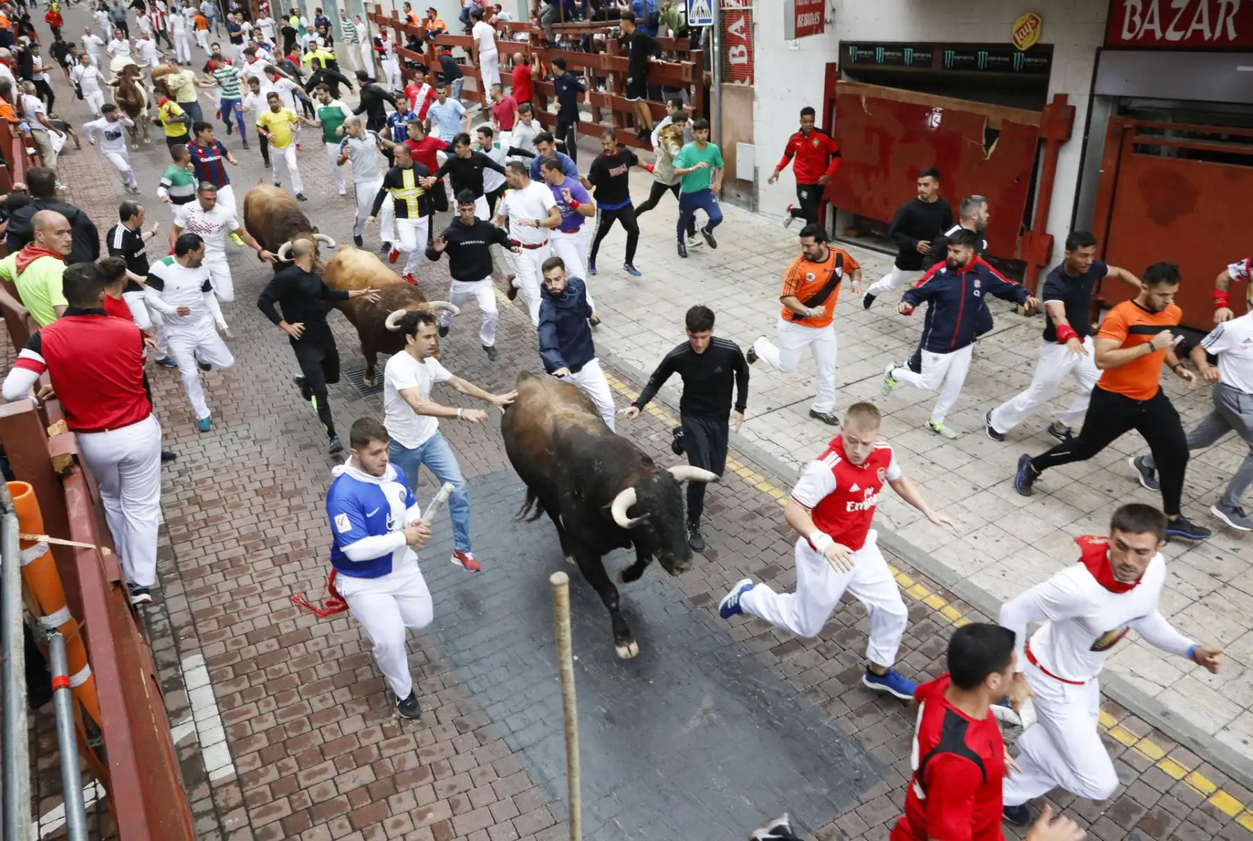 Vista de los mozos y los toros durante el recorrido del séptimo encierro de las fiestas de San Sebastián de los Reyes este domingo
Foto: EFE