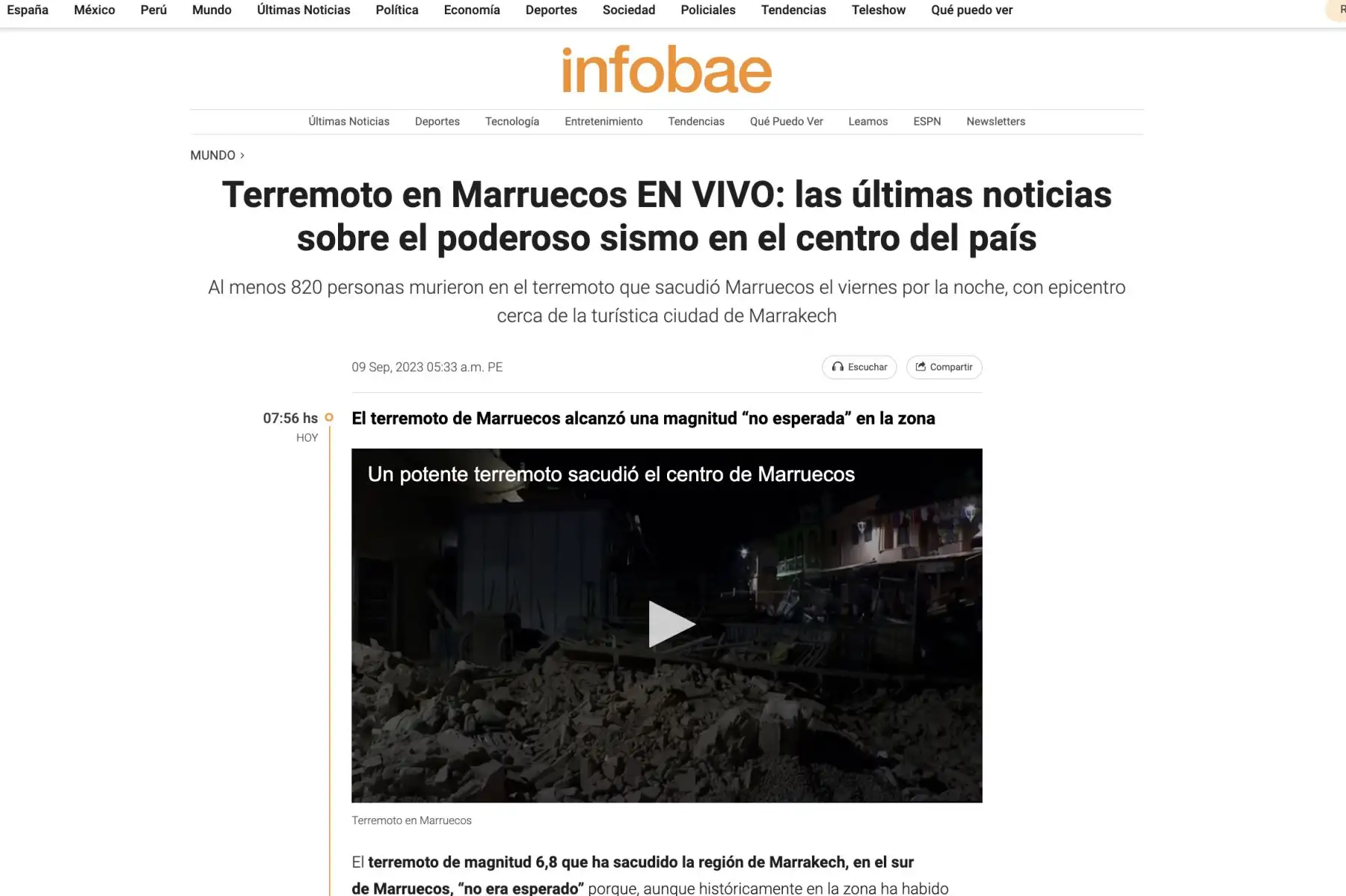 Principales medios de comunicación informan sobre el terremoto que se dio en Marruecos. Foto: Captura TV