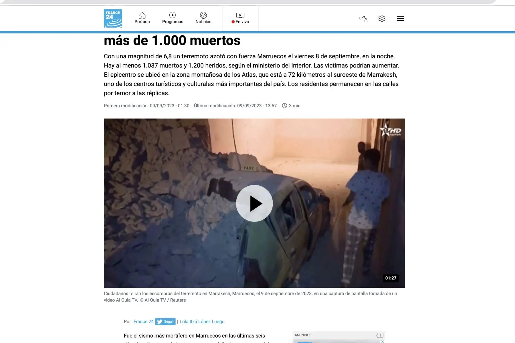Principales medios de comunicación informan sobre el terremoto que se dio en Marruecos. Foto: Captura TV