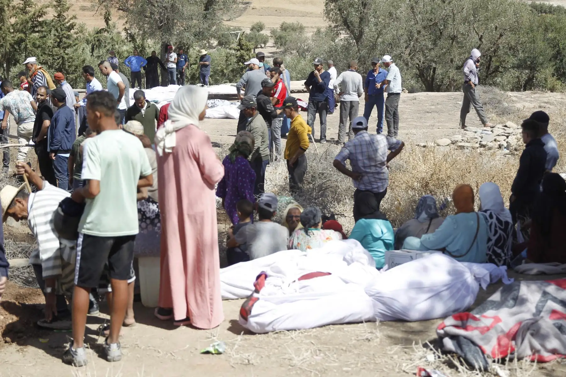 Varias personas entierran a sus fallecidos en la aldea de Tafagajt, en Marruecos, cerca del epicentro del devastador terremoto que ha dejado, hasta el momento, 1.037 muertos y 1.204 heridos en una decena de provincias del país norteafricano. El seísmo, de magnitud 7, tuvo su epicentro en la localidad de Ighil, situada unos 80 kilómetros al suroeste de la ciudad de Marrakech, una zona en la que, según los expertos, no se esperaba que pudiera darse un terremoto de tanta fuerza.
Foto: EFE