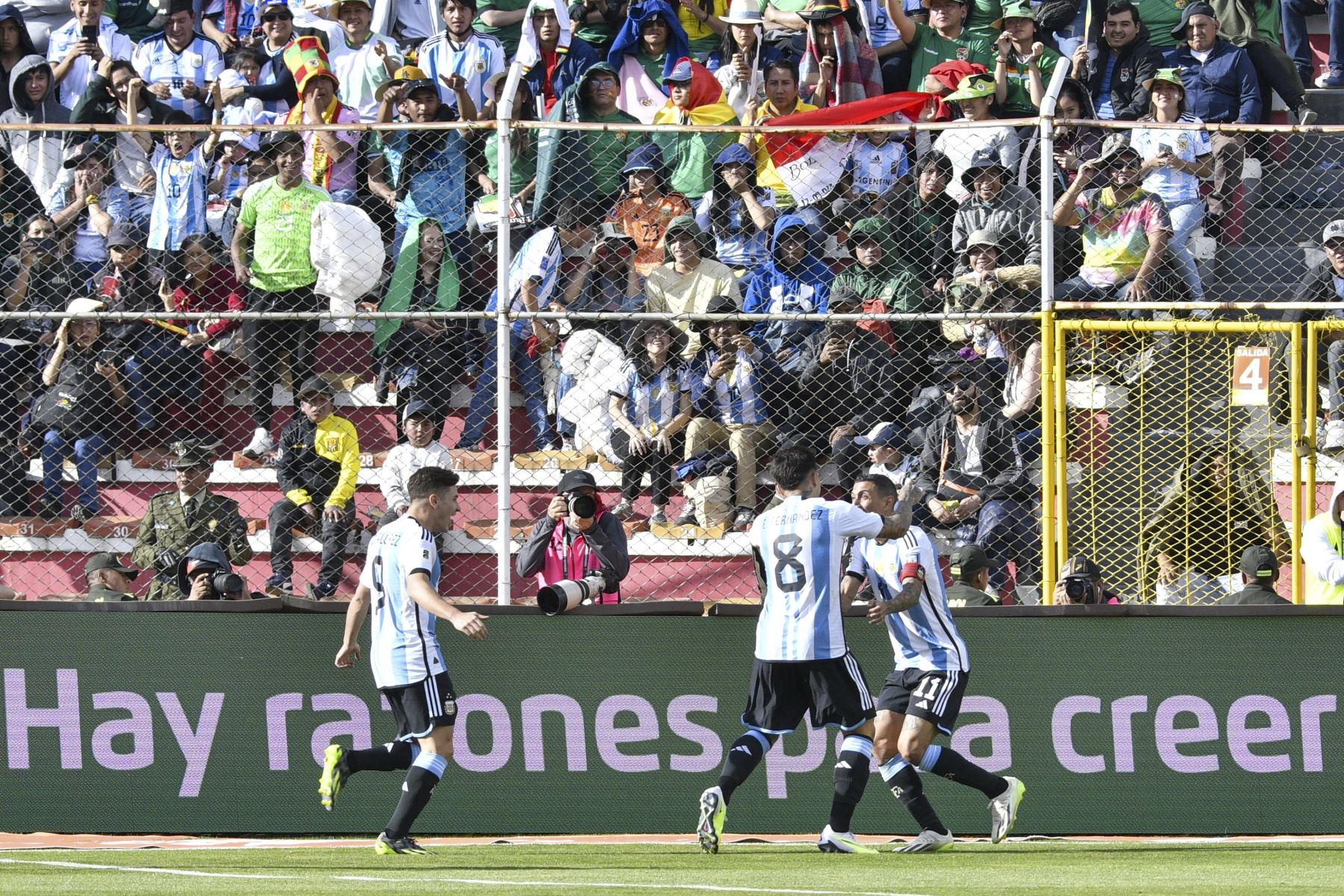 El mediocampista argentino Enzo Fernández  celebra con sus compañeros el delantero argentino Angel Di María y el delantero argentino Julián Álvarez después de anotar el primer gol de su equipo durante el partido de fútbol de las eliminatorias sudamericanas de la Copa Mundial de la FIFA 2026 entre Bolivia y Argentina, en el Estadio Hernando Siles de La Paz.
Foto: AFP