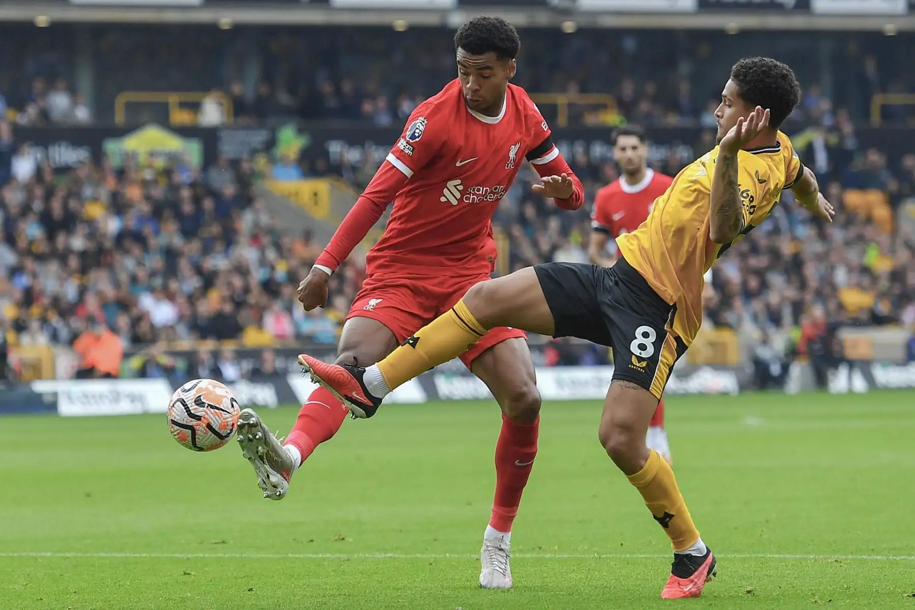 Cody Gakpo (L) de Liverpool lucha con Joao Gomes de Wolverhampton Wanderers durante el partido de la Premier League inglesa entre Wolverhampton Wanderers y Liverpool FC en Wolverhampton, Gran Bretaña, el 16 de septiembre de 2023. (Reino Unido)
Foto: EFE