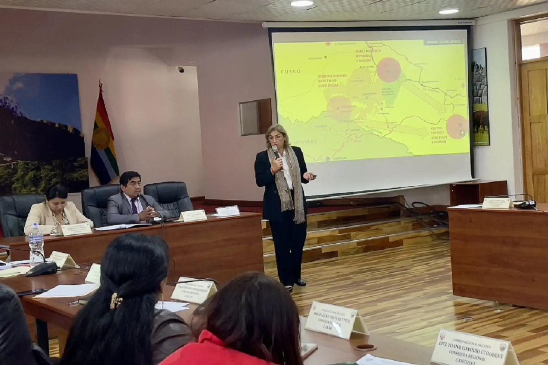 Viceministra de Turismo, Madeleine Burns, expuso alcances del proyecto de mejoramiento del Parque Arqueológico Choquequirao ante el Consejo Regional del Cusco. Foto: Cortesía.