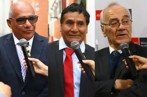 De izquierda a derecha: el profesor José Cruz Guimaraes, de Loreto; y Gerson Ames Gaspar, de Huancavelica, ambos condecorados con las Palmas Magisteriales 2022, en el grado de Maestro; y Javier Iguíñiz Echeverría, quien recibió el reconocimiento en el grado de Amauta. Foto: ANDINA/Eddy Ramos.