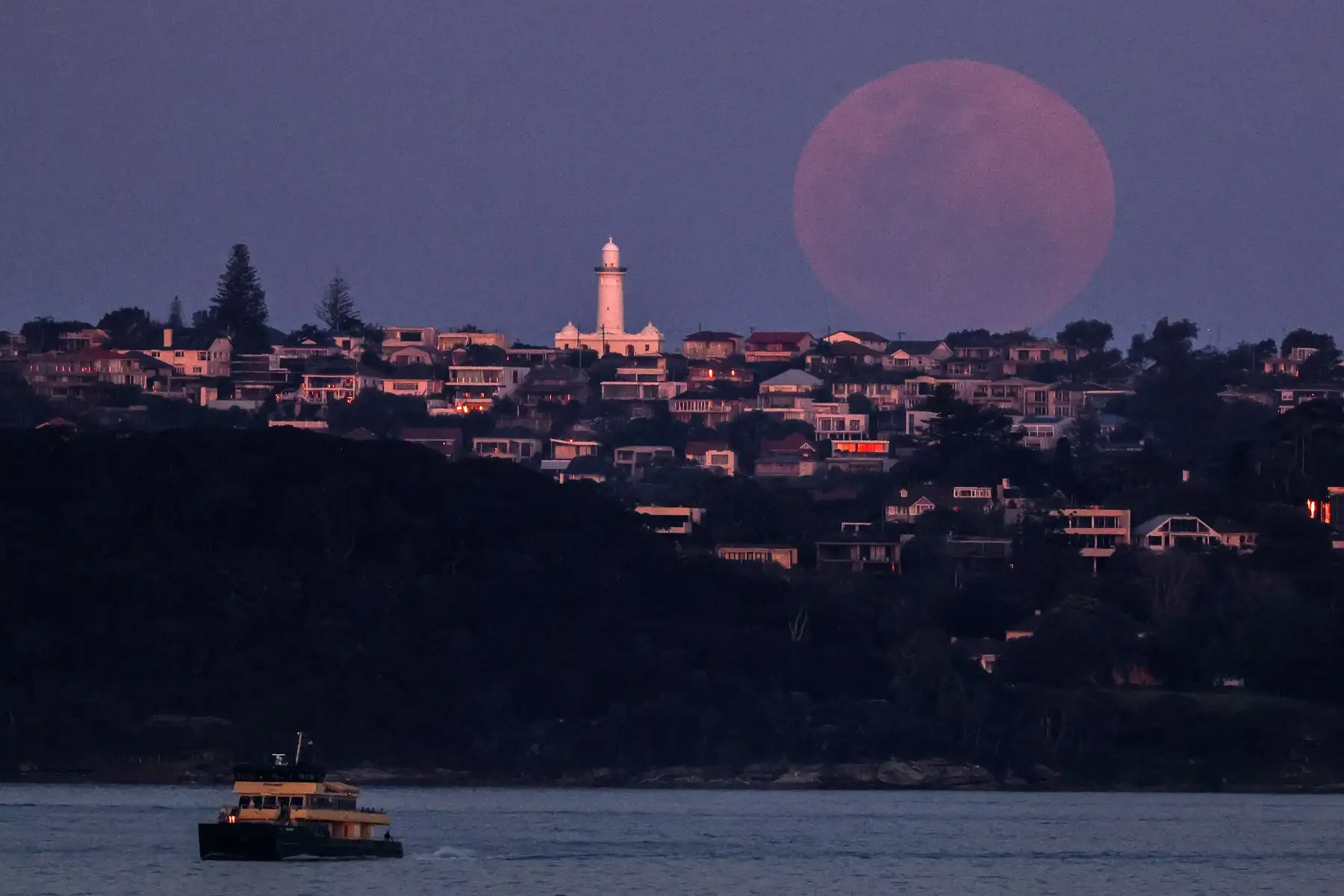 Un ferry viaja frente a una luna llena, una superluna también conocida como "Luna de cosecha", que se eleva sobre el faro Macquarie en Sydney el 29 de septiembre de 2023.
Foto: AFP