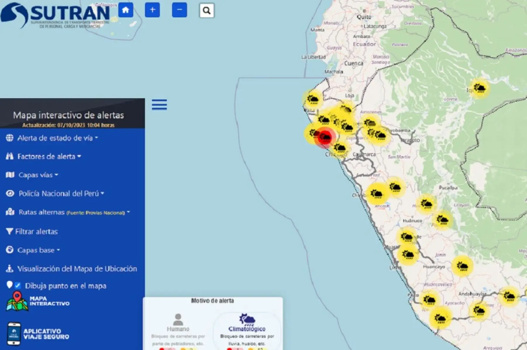 Ante el feriado largo declarado por el Ejecutivo para el sector público en este fin de semana, la Superintendencia de Transporte Terrestre de Personas, Carga y Mercancías (Sutran) recomienda que revisen el Mapa Interactivo de Alertas que es una herramienta 100% virtual que la Sutran pone a su disposición para conocer el estado del tránsito en toda la Red Vial Nacional.