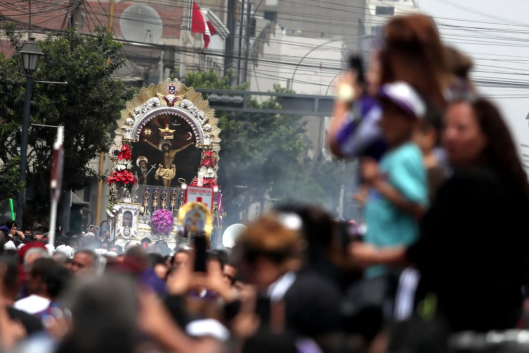 Entre una lluvia de pétalos de flores y emocionantes cantos a viva voz, la venerada imagen del Señor de los Milagros inició su primer recorrido procesional correspondiente al año 2023
Foto: ANDINA/Ricardo Cuba