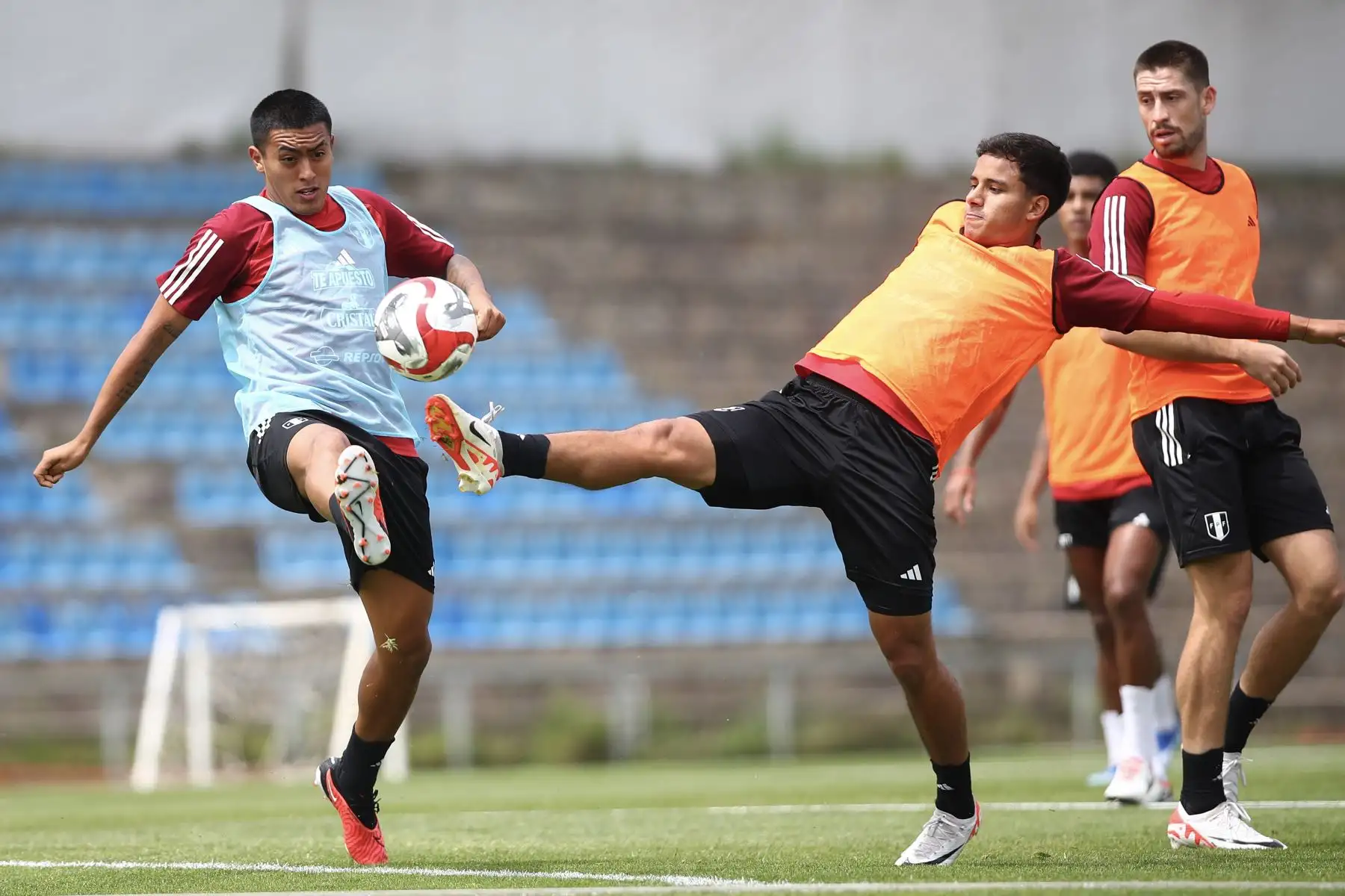 Jugadores de la Selección Peruana de Fútbol volvieron a las prácticas en el complejo de entrenamiento de la Universidad Católica de Chile. Se realizaron trabajos regenerativos y tácticos en campo. Foto: FPF