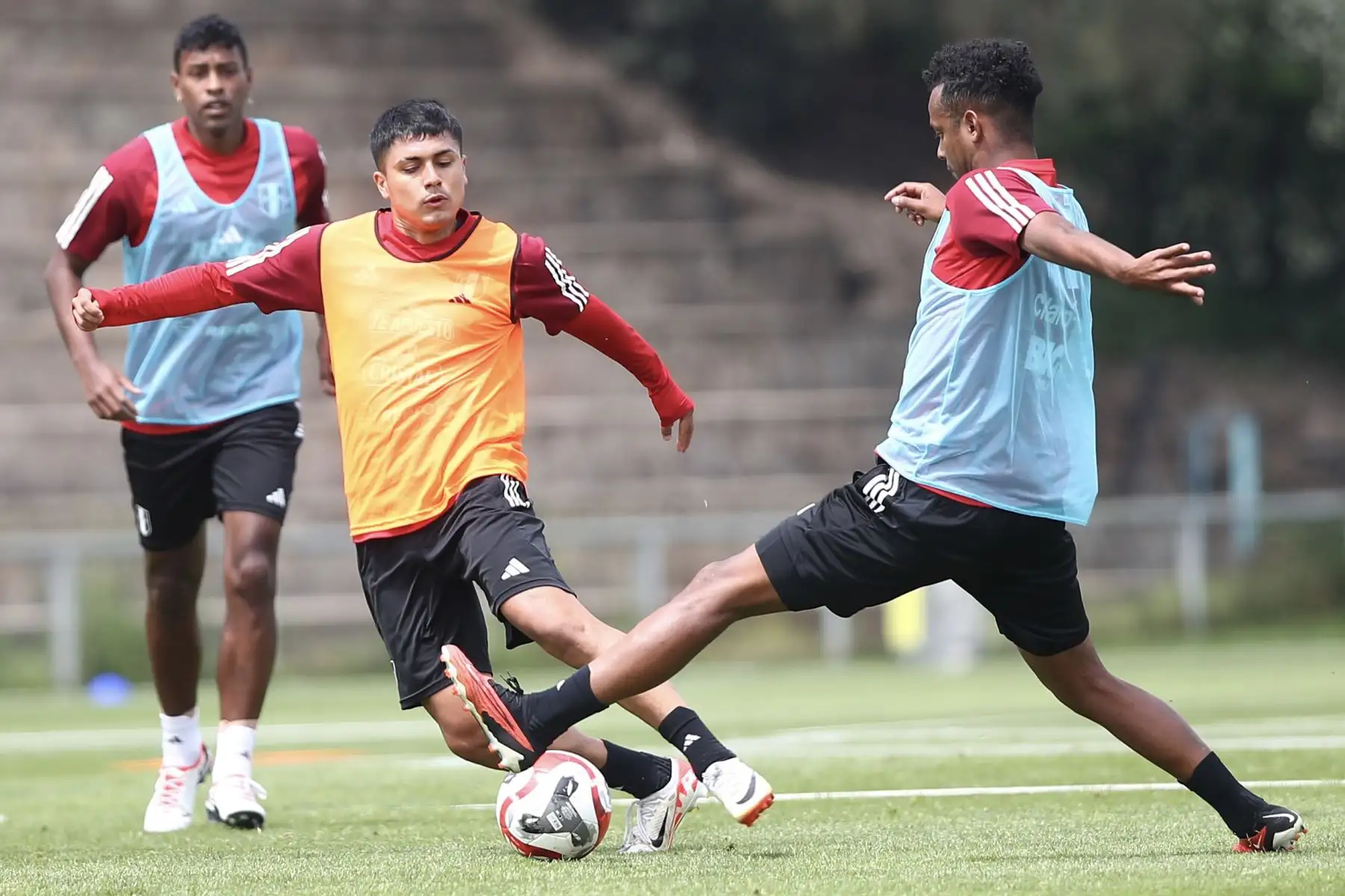 Jugadores de la Selección Peruana de Fútbol volvieron a las prácticas en el complejo de entrenamiento de la Universidad Católica de Chile. Se realizaron trabajos regenerativos y tácticos en campo. Foto: FPF