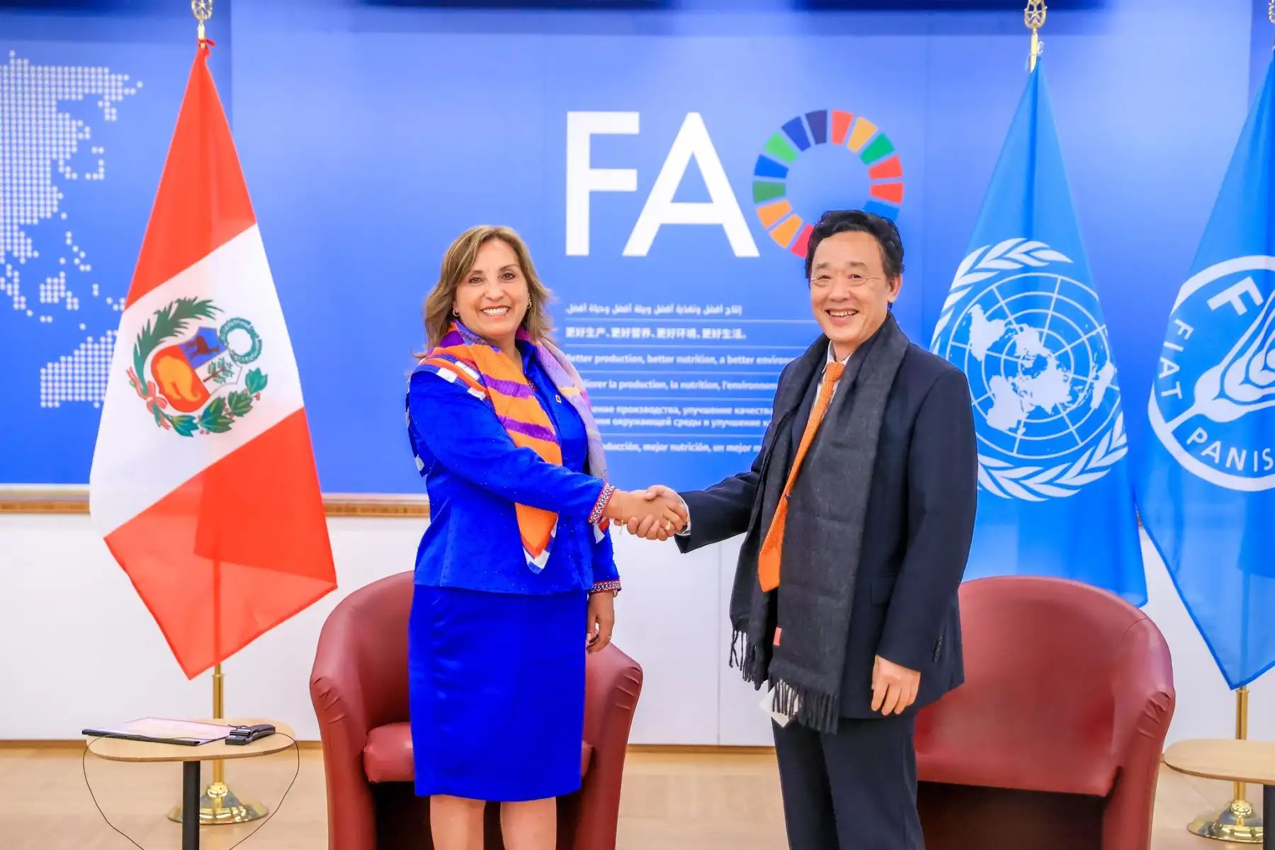 La presidenta Dina Boluarte se reunió con el director general de la Organización de las Naciones Unidas para la Alimentación y la Agricultura (FAO), QU Dongyu.
Foto: ANDINA/Prensa Presidencia