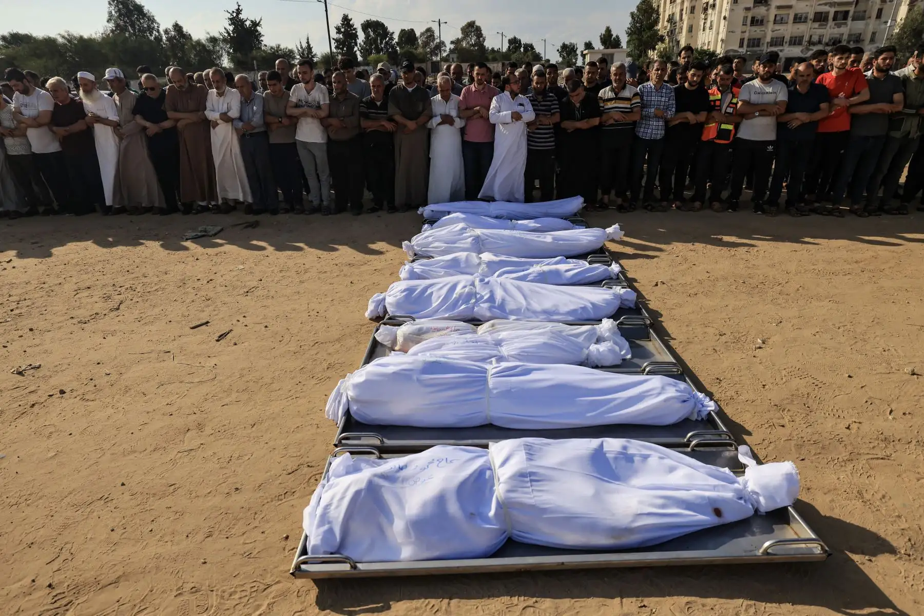 Los dolientes oran por los cuerpos envueltos de los miembros de la familia Agha, muertos en un ataque israelí en Khan Yunis, en la Franja de Gaza.
Foto: AFP