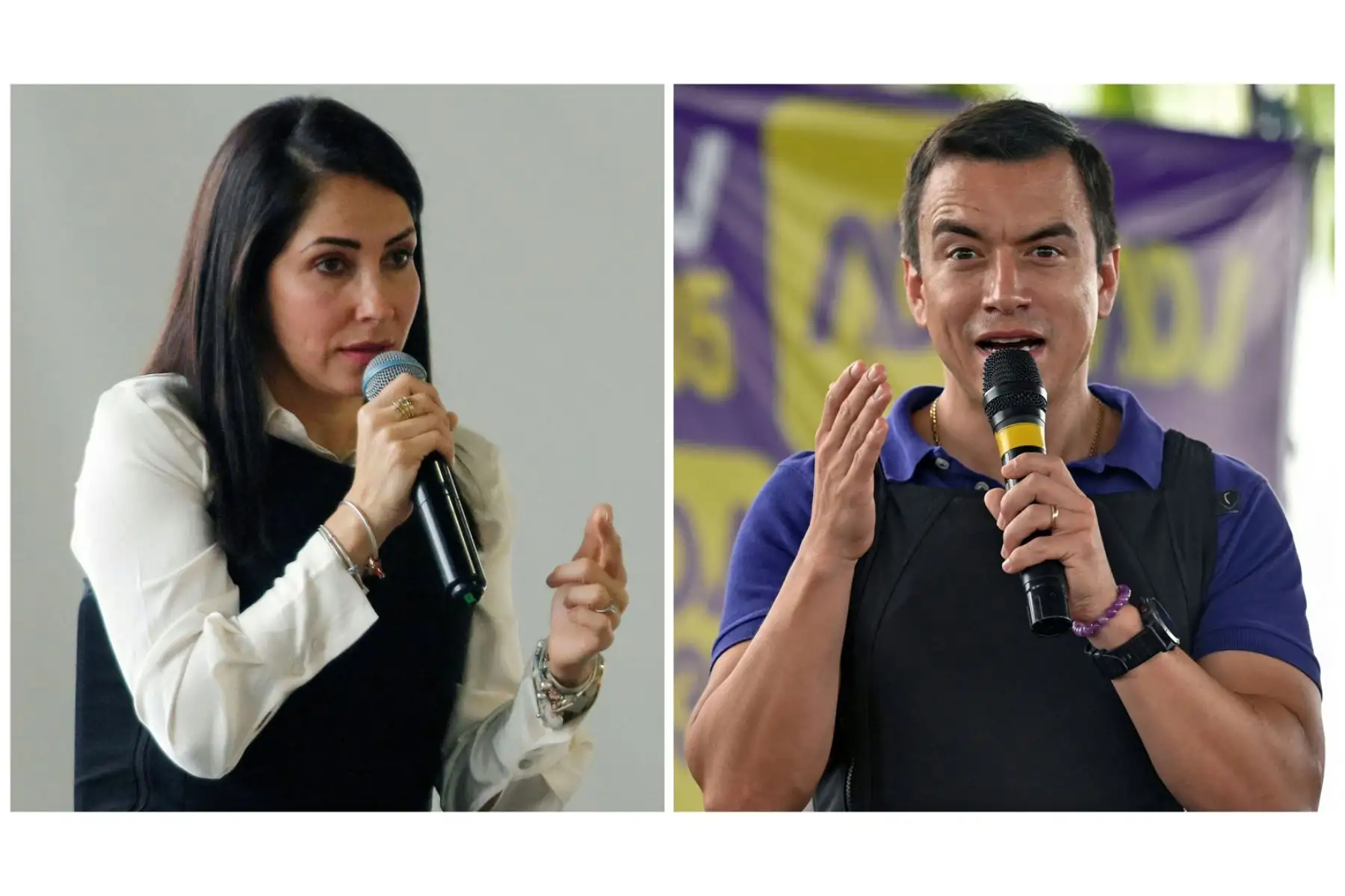 Esta combinación de imágenes creada, muestra a la candidata presidencial de Ecuador por el partido Revolución Ciudadana, Luisa González (izq.) El candidato presidencial del Partido Acción Democrática Nacional, Daniel Noboa, se enfrentarán en la segunda vuelta de las elecciones del 15 de octubre. Foto: ANDINA/ AFP
