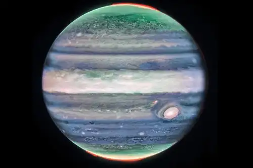 Esta imagen de Júpiter tomada por la cámara de infrarrojo cercano (NIRCam) del telescopio espacial James Webb de la NASA muestra los impresionantes detalles del majestuoso planeta en luz infrarroja. En la imagen, el brillo indica una gran altitud. Foto: NASA