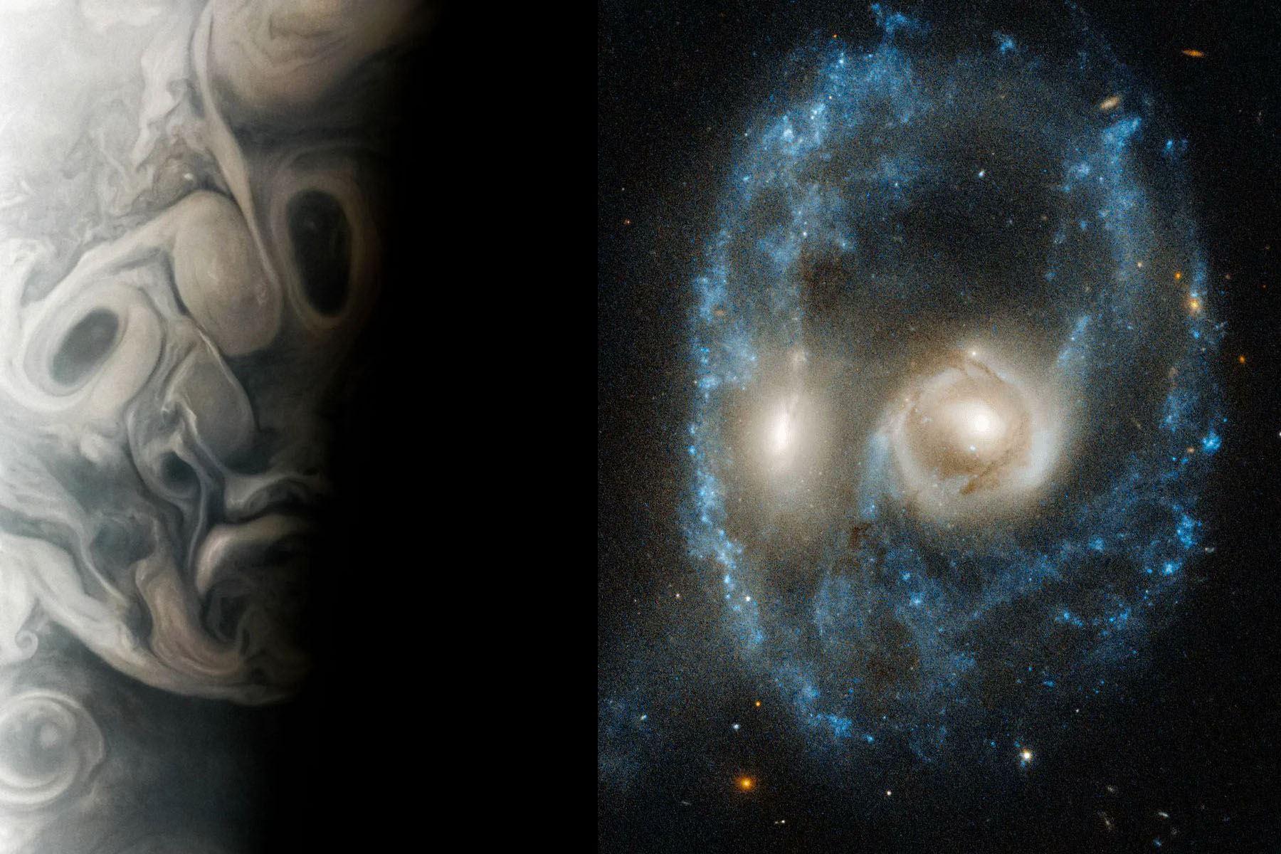 La NASA reveló, a propósito de Halloween, dos observaciones curiosas. La de la izquierda muestra las nubes de Júpiter mientras que la de la derecha es un choque titánico entre galaxias. Foto: NASA
