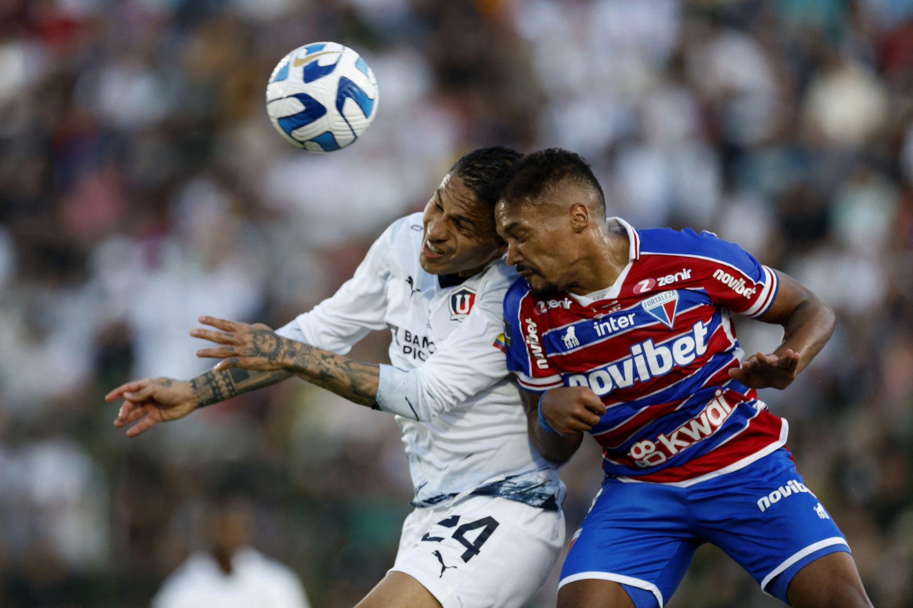 El delantero peruano de la Liga de Quito, Paolo Guerrero , y el defensor de Fortaleza, Bruno Pacheco, saltan para rematar de cabeza durante el partido final del torneo de fútbol Copa Sudamericana entre Fortaleza de Brasil y la Liga de Quito de Ecuador en el estadio Domingo Burgueño Miguel en Maldonado, Uruguay.
Foto: AFP