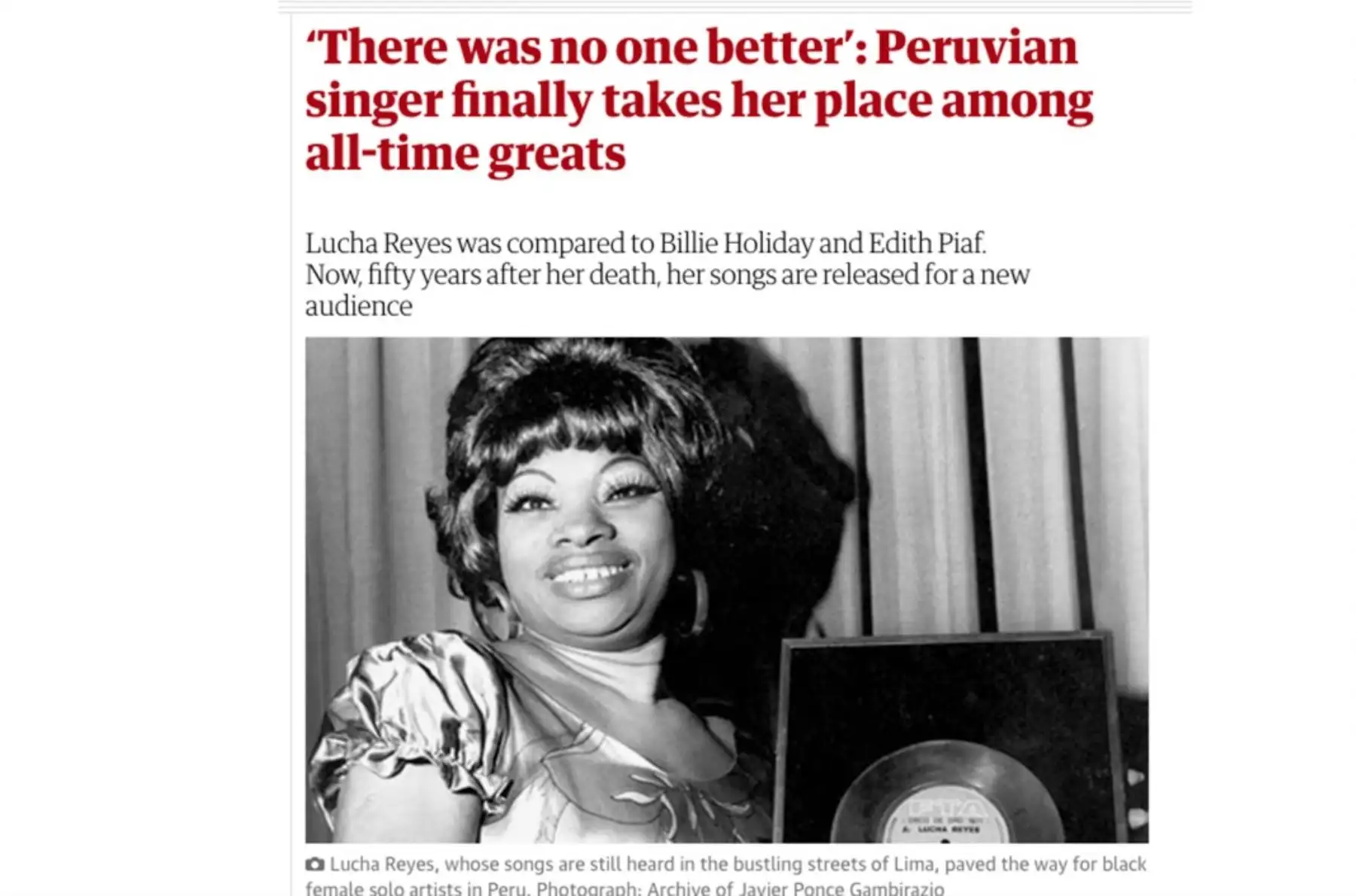 Lucha Reyes fue comparada con Billie Holiday y Edith Piaf. Ahora, cincuenta años después de su muerte, sus canciones se lanzan para un nuevo público. Foto: : Archivo Javier Ponce Gambirazio