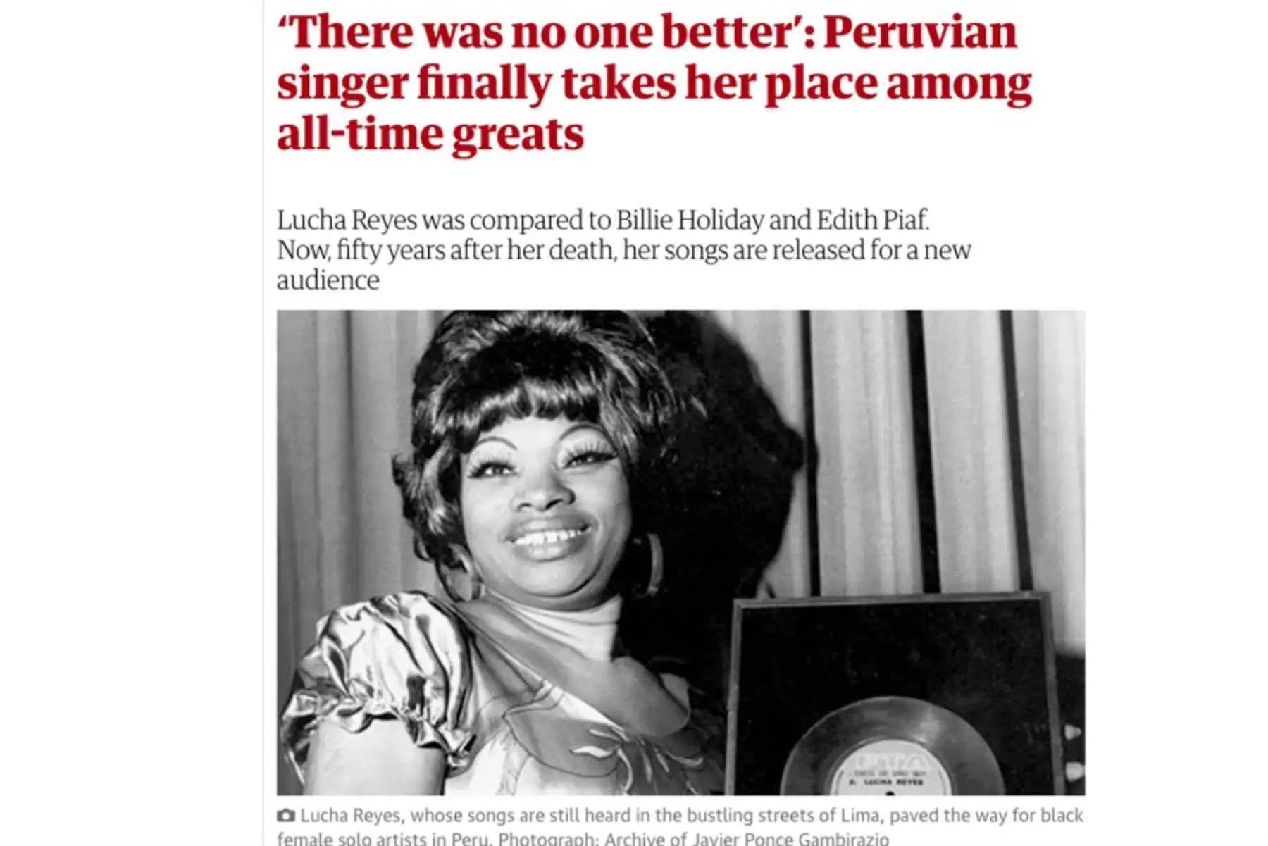 Lucha Reyes fue comparada con Billie Holiday y Edith Piaf. Ahora, cincuenta años después de su muerte, sus canciones se lanzan para un nuevo público. Foto: Archivo Javier Ponce Gambirazio