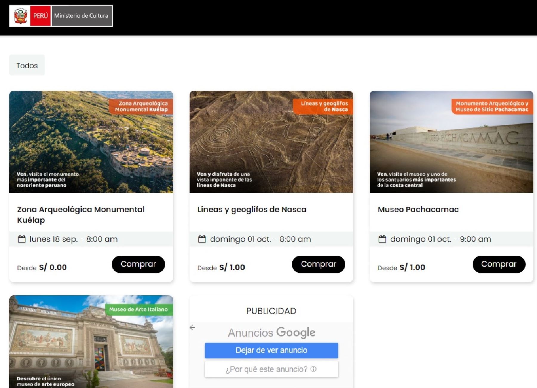 La plataforma digital ofrece boletos para ingresar a la Fortaleza de Kuélap, las Líneas de Nasca y a los museos de Arte Italiano y de Pachacámac.