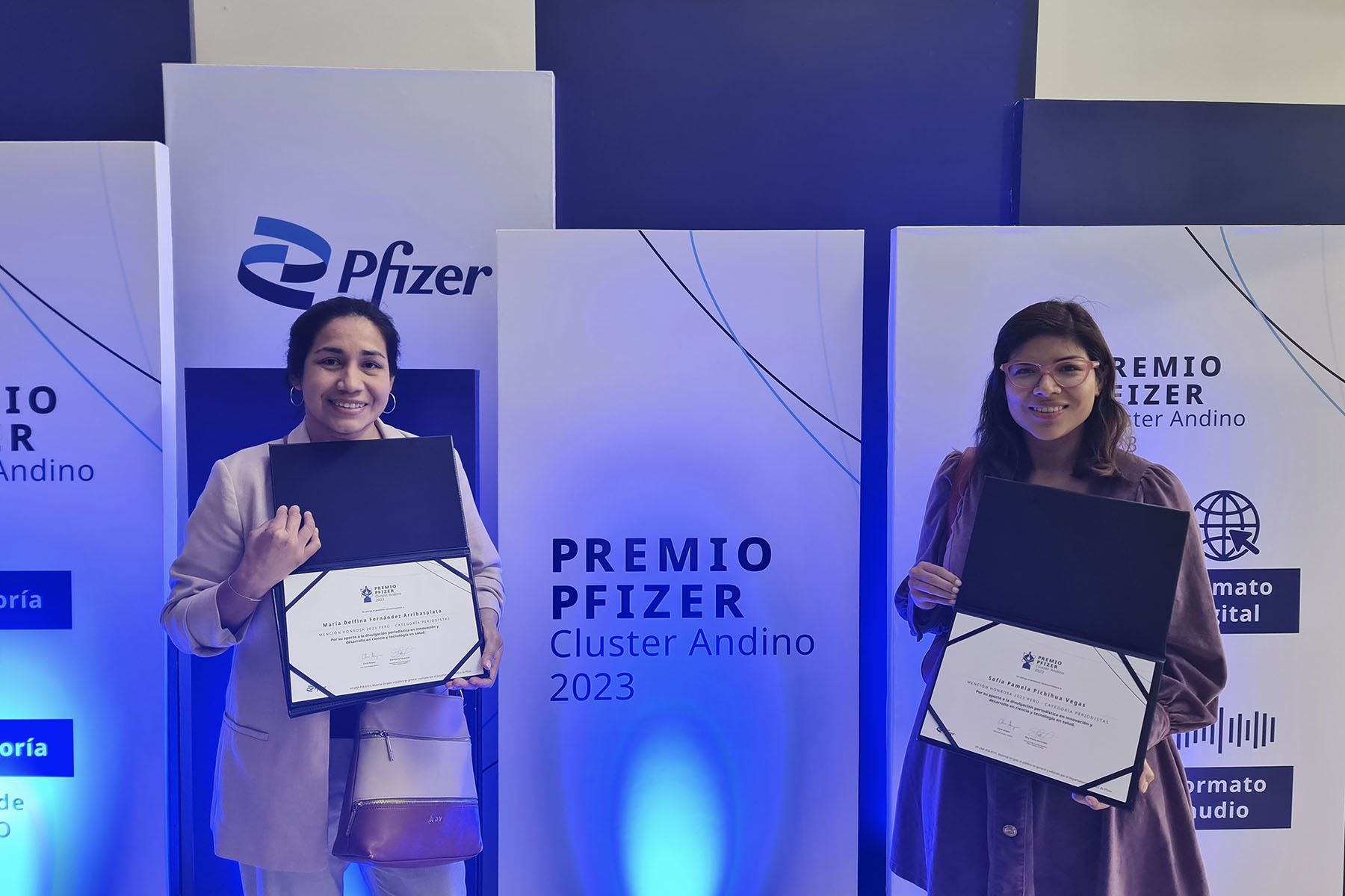 Las periodistas de la Agencia Andina, María Fernández Arribasplata y Sofía Pichihua Vegas, fueron reconocidas por su destacada labor en la divulgación en innovación y desarrollo en ciencia y tecnología en salud.