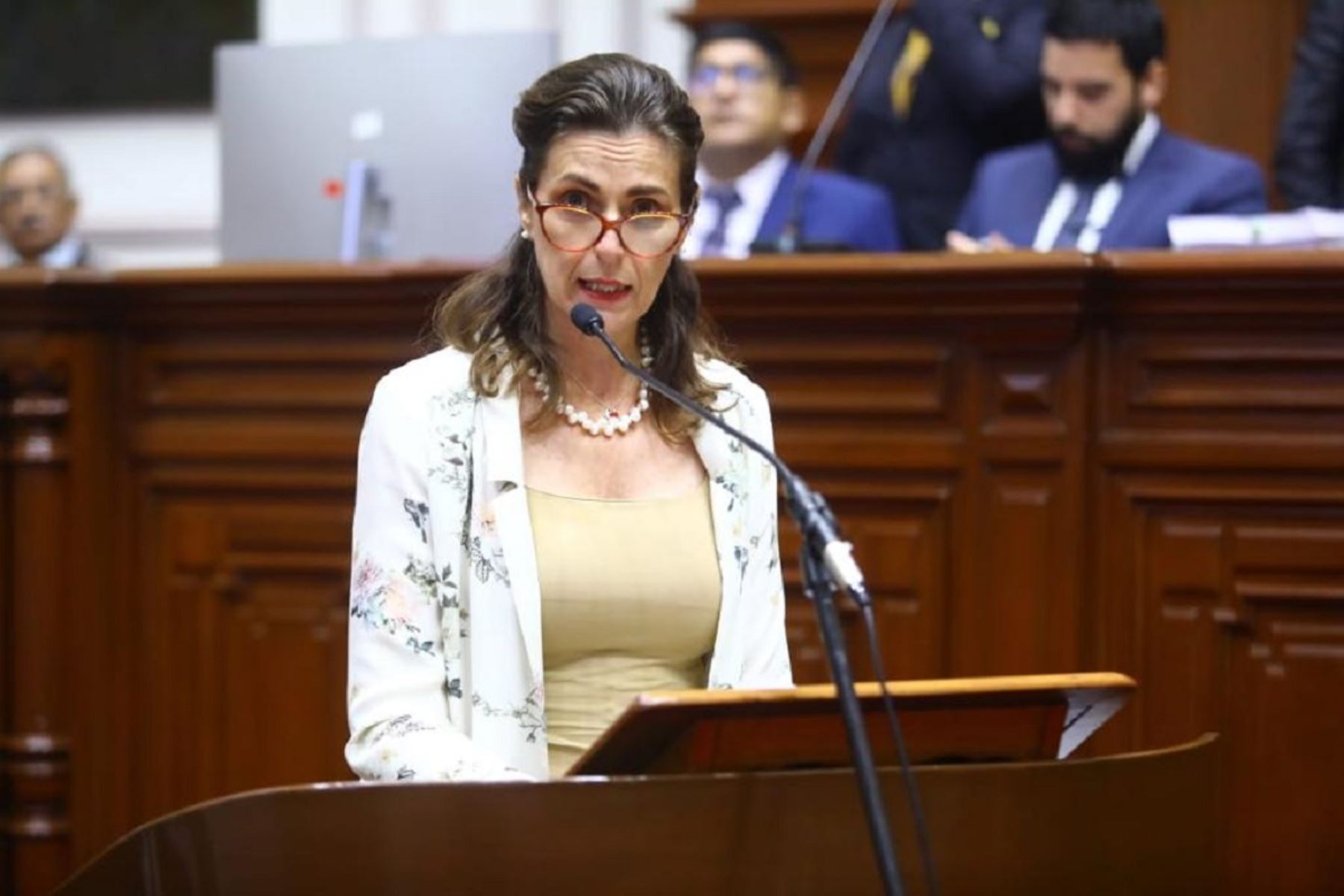 Ministra de Vivienda, Construcción y Saneamiento, Hania Pérez de Cuéllar, sustentó ante el Pleno del Congreso el proyecto de presupuesto para su sector para el 2024. Foto: Cortesía.